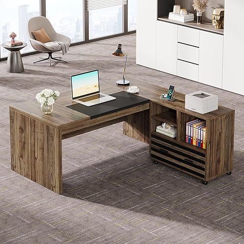 Miniatura 9 de Tribesigns Escritorio Ejecutivo de 62.2" con Archivador Móvil, Escritorio de Oficina en Forma de L con Estantes de Almacenamiento, Conjunto de café