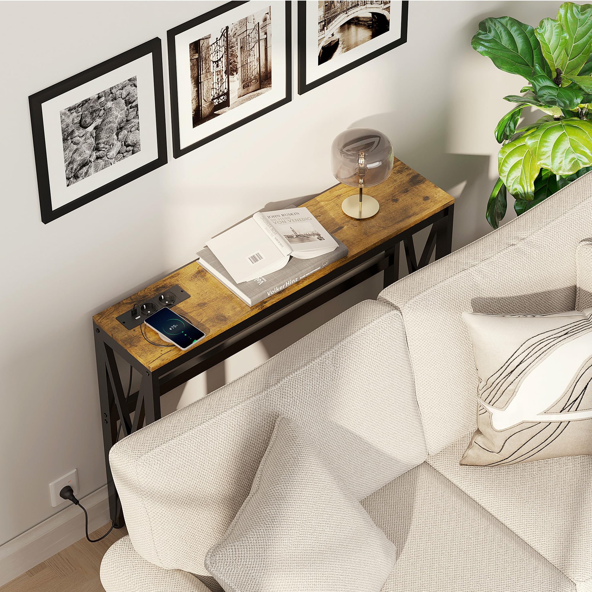 HOMCOM Mesa Consola Industrial con 2 USB 100x24x75 cm Marrón Rústico | Estación de Carga, Mesa de Entrada de 2 Niveles, Marco de Acero, Mueble de Recibidor, para Salón Pasillo