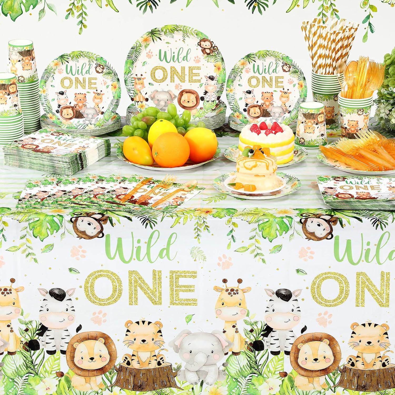 Funnymoom 452 Pcs Wild One Birthday Party Decorations for 50, Safari Jungle Wild One Paper Plates Napkins Cups Tablecloth Cutlery Straws for Boys Kids Woodland Themed First Birthday Party Supplies