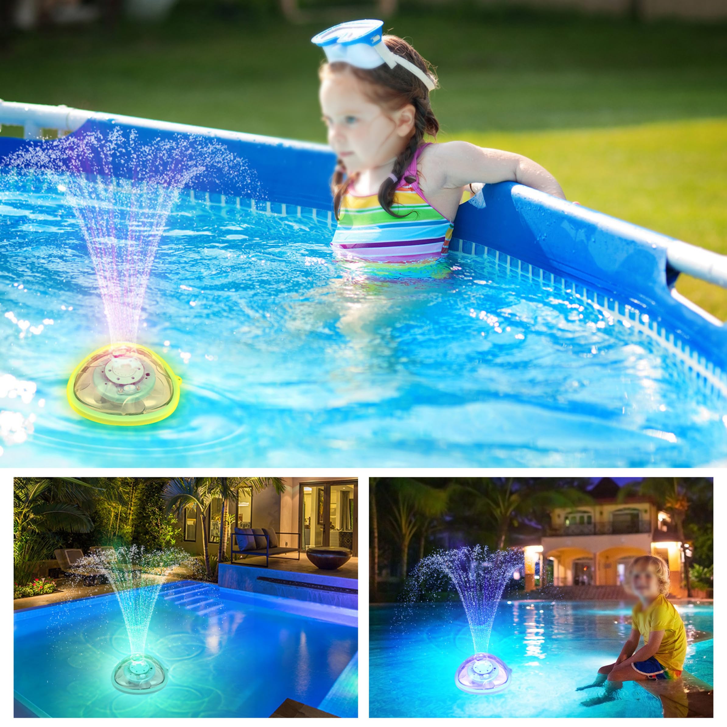 Fontana per piscina ad energia solare, Fontana per piscina telecomandata senza fili con luci a LED RGB, Batteria ricaricabile da 3600 mAh, Solare, Per