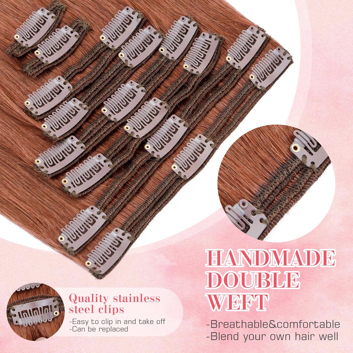 S-noilite Clip in Hair Extensions Real Human Hair 20 Inch Dark Auburn Hair Extensions Remy Human Hair Clip In For Women Double Weft 8PCS Clip on Extension 150g #33