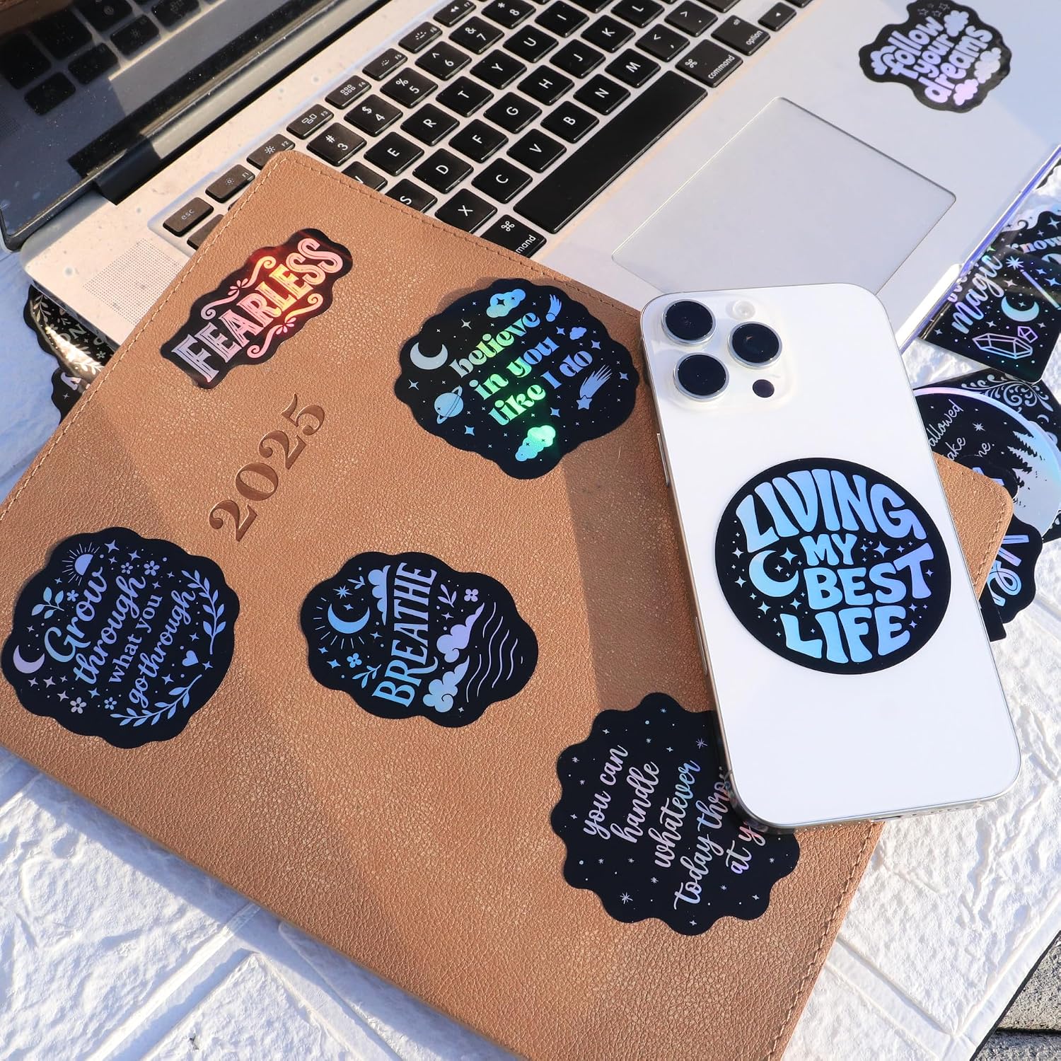 100 PCS Holographic Positive Affirmation Stickers - to The Stars Who Listen By Puraesla - Lumina Series- Neon Inspirational Boost Stress Relief Sticker for Journaling & Laptop, Phone, Water Bottle