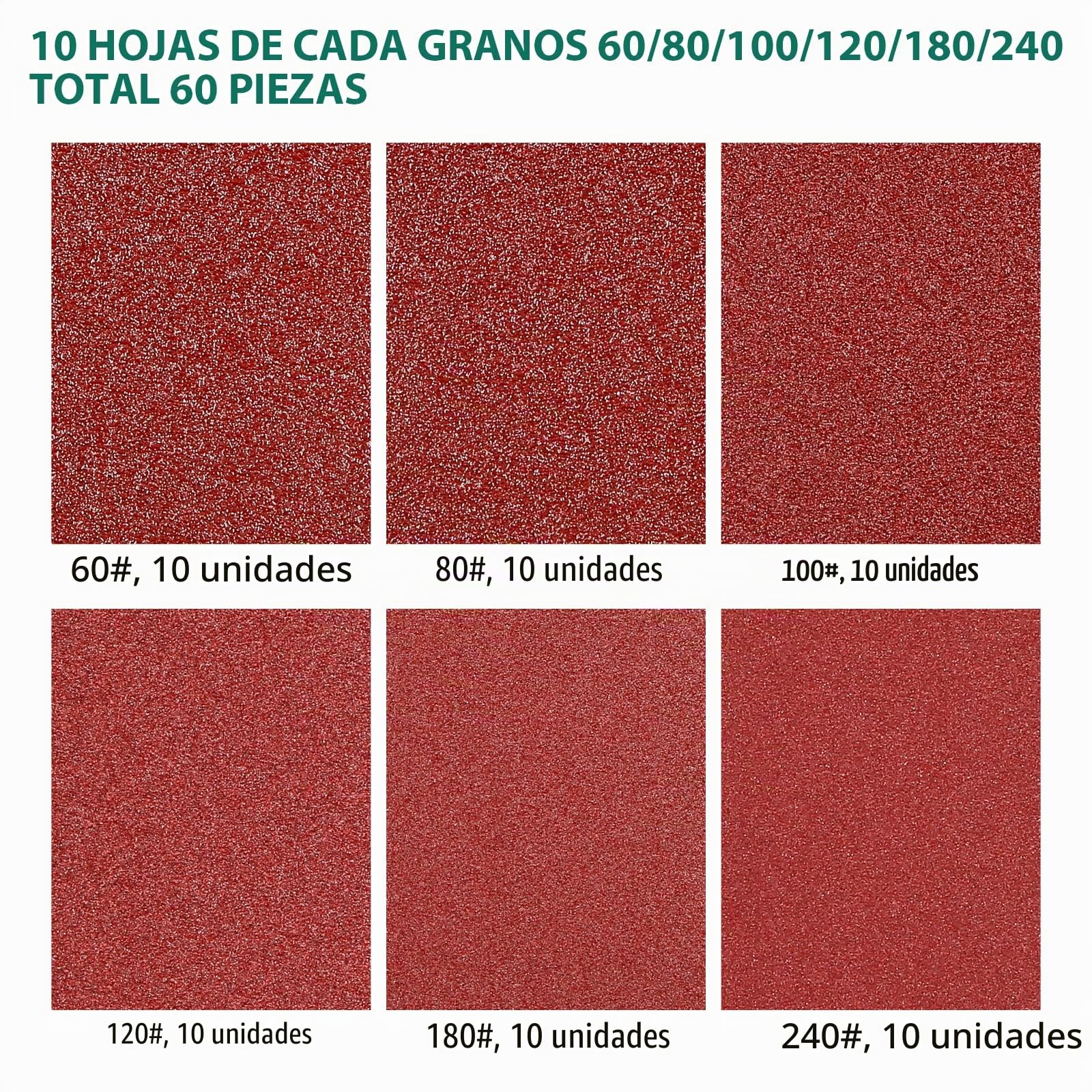 HYCHIKA Papeles de Lija, 60 Piezas Grano Cada 10x 60/80/100/120/180/240 con 6 Agujeros, Diseñado Específicamente para HYCHIKA Lijadora Madera(Número Modelo: FL118A/MS200W)