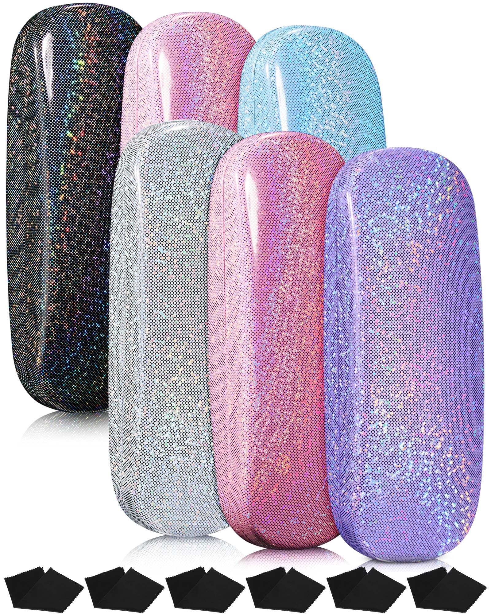 Weewooday6 Pieces Hard Shell Eyeglasses Cases Glitter Glasses Case Unisex Glasses Case with Cleaning Cloth Sunglasses Case for Women Men