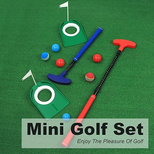 Miniatura 6 de Putter de golf ajustable, juego de mini golf - 2 palos de golf para niños con 6 pelotas de golf y 2 tazas con bandera, putter bidireccional para