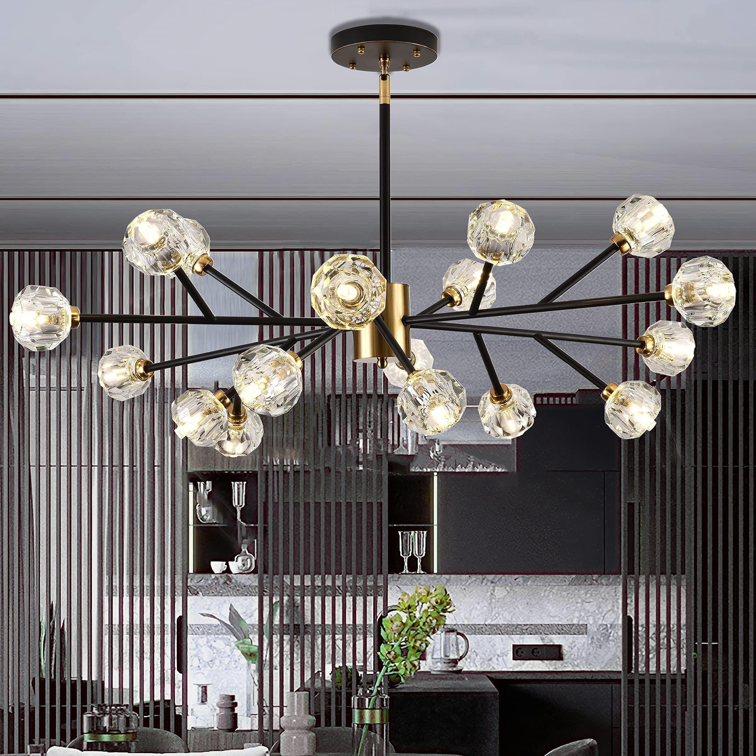 18-Lights Sputnik Chandeliers Mid Century Modern Black and Gold Chandelier Sputnik Light Fixture Crystal Branch Chandelier for Dining Room Bedroom Living Room (18 x Warm White Bulb Incl.)