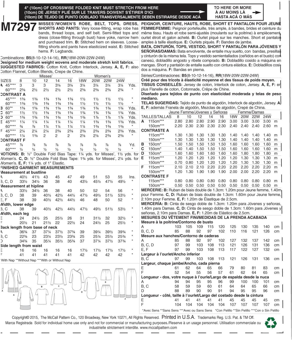 McCall's Patterns M7297 Misses'/Women's Robe, Belt, Tops, Dress, Shorts & Pants, B5 (8-10-12-14-16)