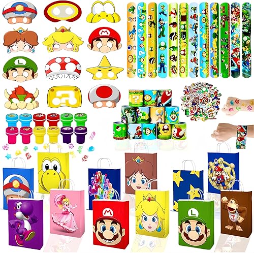 SSJYILE 98 recuerdos de fiesta de Mario, suministros de fiesta de Mario incluyen sellos, pulseras de palmada, bolsas de regalo, sellos, máscaras de