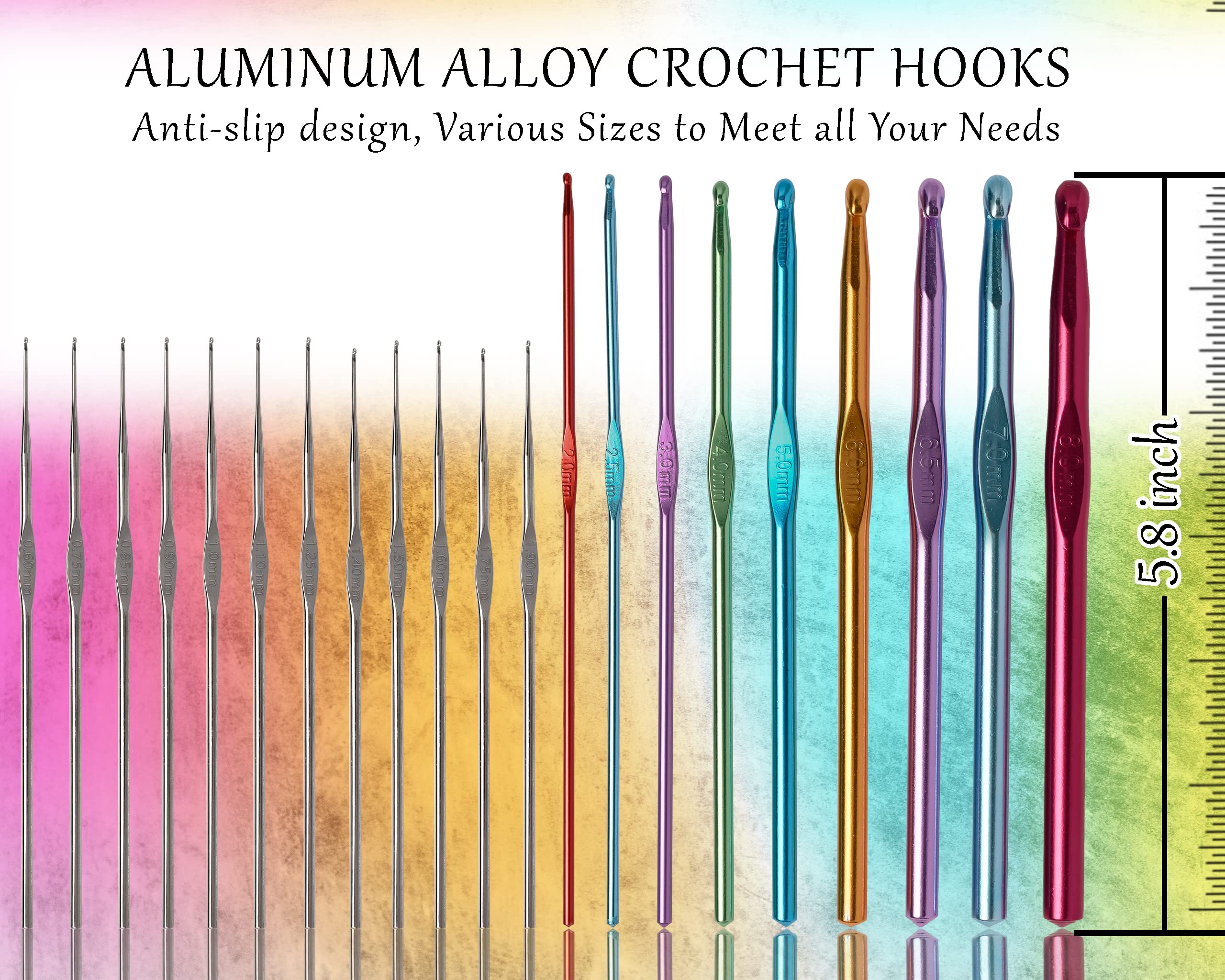 LOOEN 64 stuks haaknaalden set, 9 stuks ergonomische rubberen handvathaken 2,0 mm-6 mm en 9 stuks aluminium haaknaalden 2,0 mm-8,0 mm, veelkleurige haaknaalden met koffer, brei- en haakbenodigdheden (A - grijs