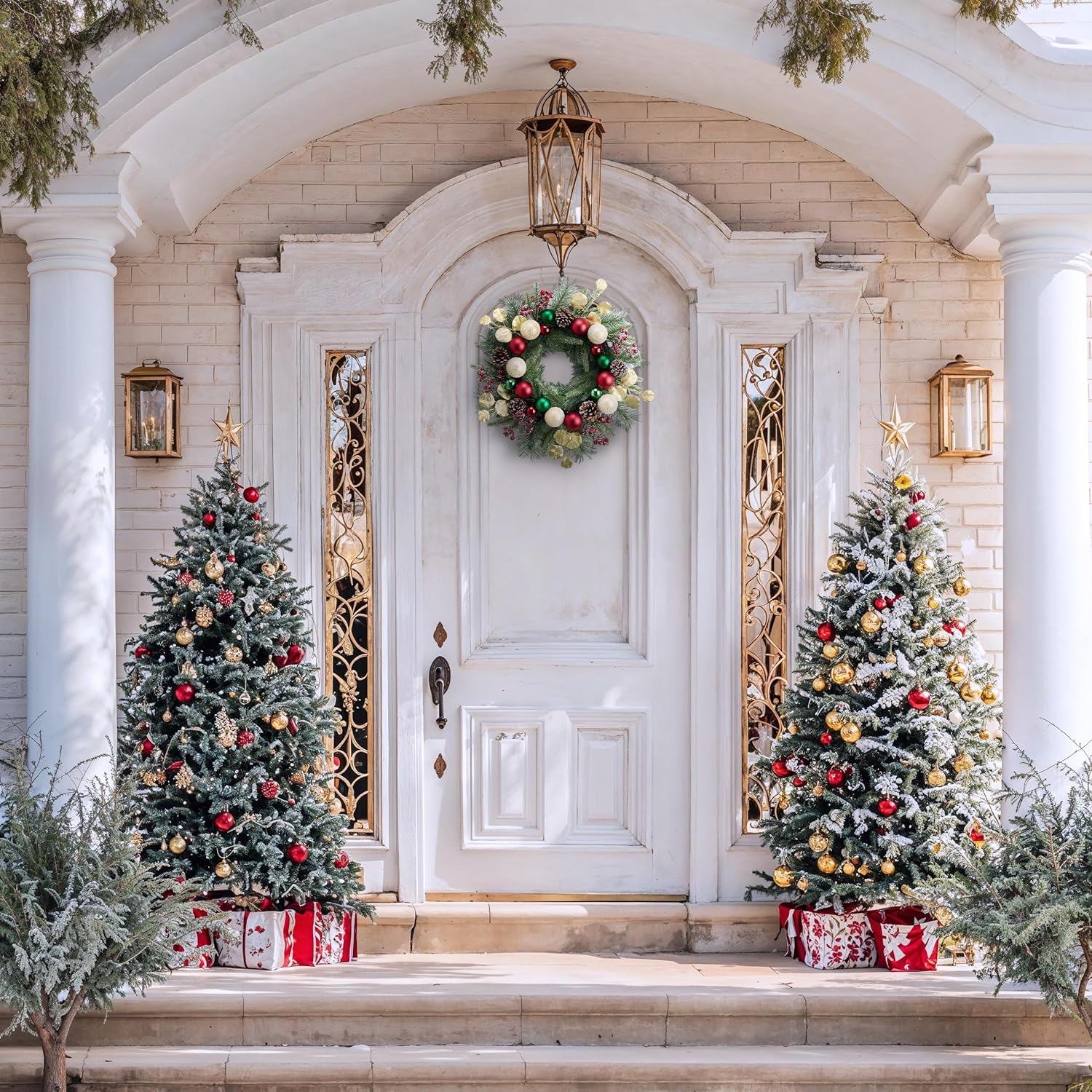 Valery Madelyn 20'' Pre-Lit Christmas Wreath for Front Door with Light, Lighted Christmas Door Wreath with Red Green Gold Xmas Ball Norfolk Pine Branches for Home Porch Fireplace Window Holiday Decor - Image 4