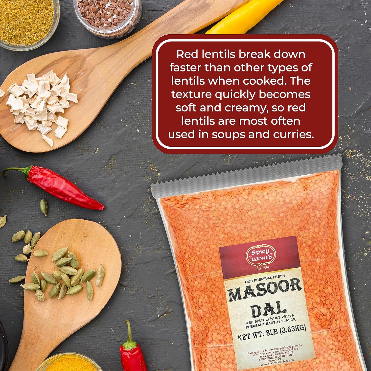 Spicy World Masoor Dal 8 Pound Bag (128oz) - Red Lentils Split - All Natural