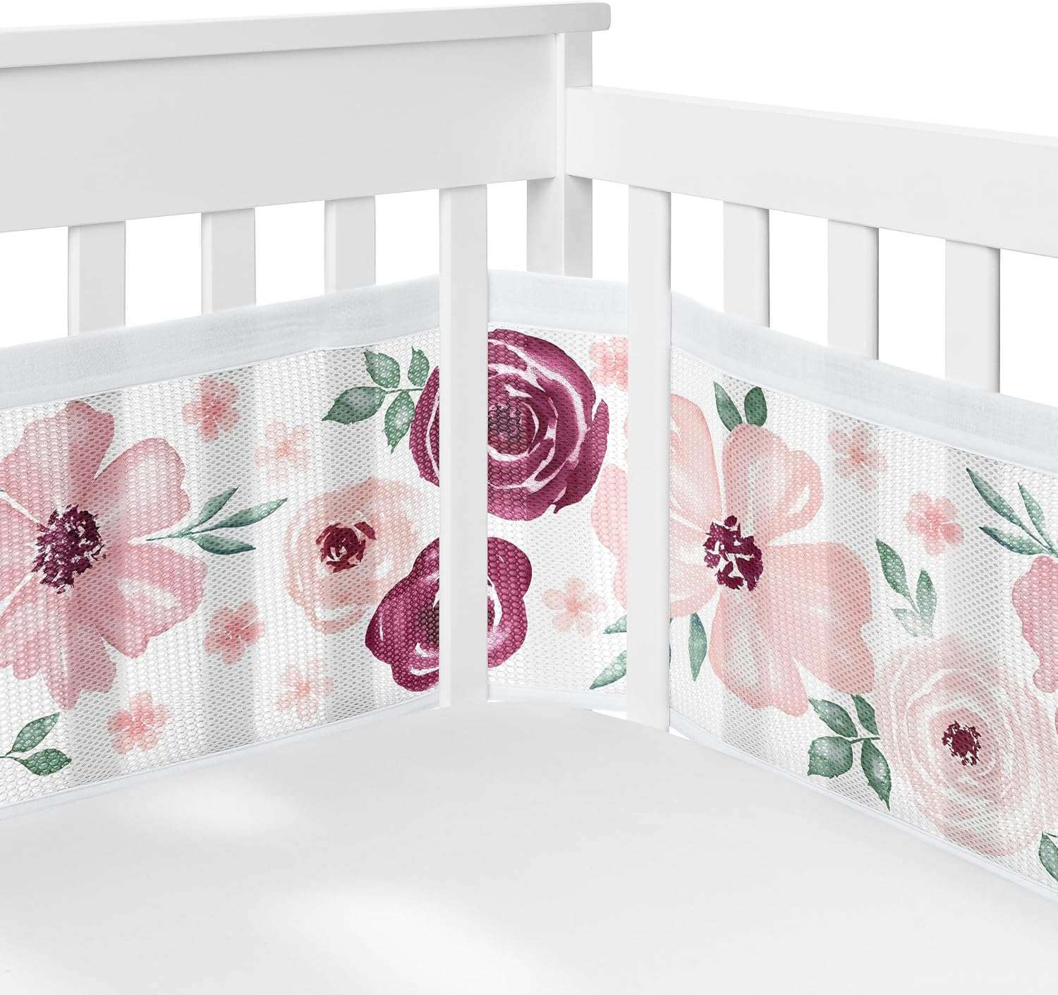 Sweet Jojo Designs 6-Piece Baby Crib Bedding Set (Burgundy Red Boho Floral) for Girls, Infants/Nursery incl. BreathableBaby Mesh Liner Blanket, Fitted Sheet, Skirt, Diaper Stacker (Pink, Shabby Chic)