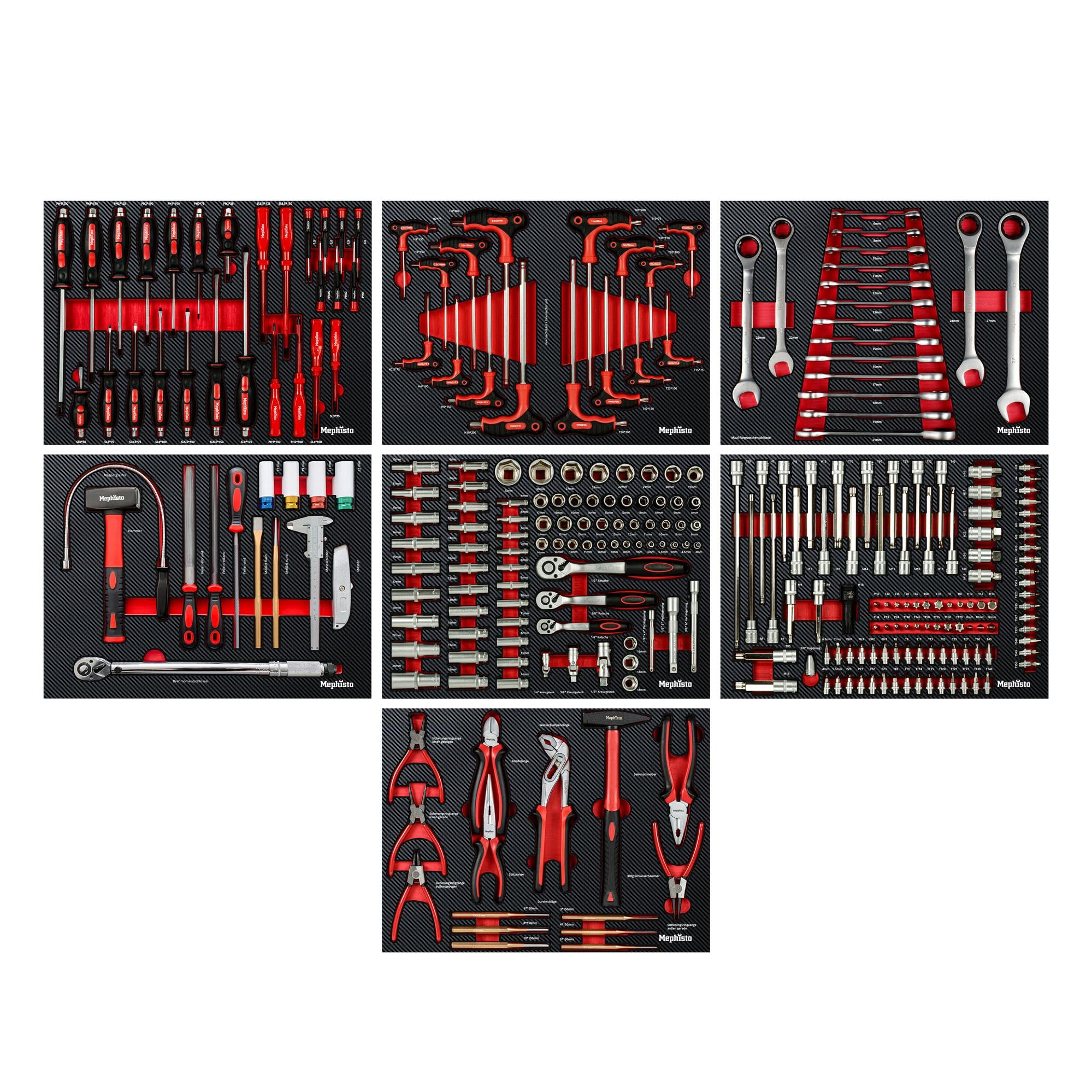 Mephisto 7 Werkzeugwageneinlagen Set mit Werkzeug wie Ratschen- Set, Ratschenringmaulschlüssel, Ringschlüssel mit Ratsche Funktion, Knarrenschlüssel, metrisch, in Soft Inlay mit Carbon Lock
