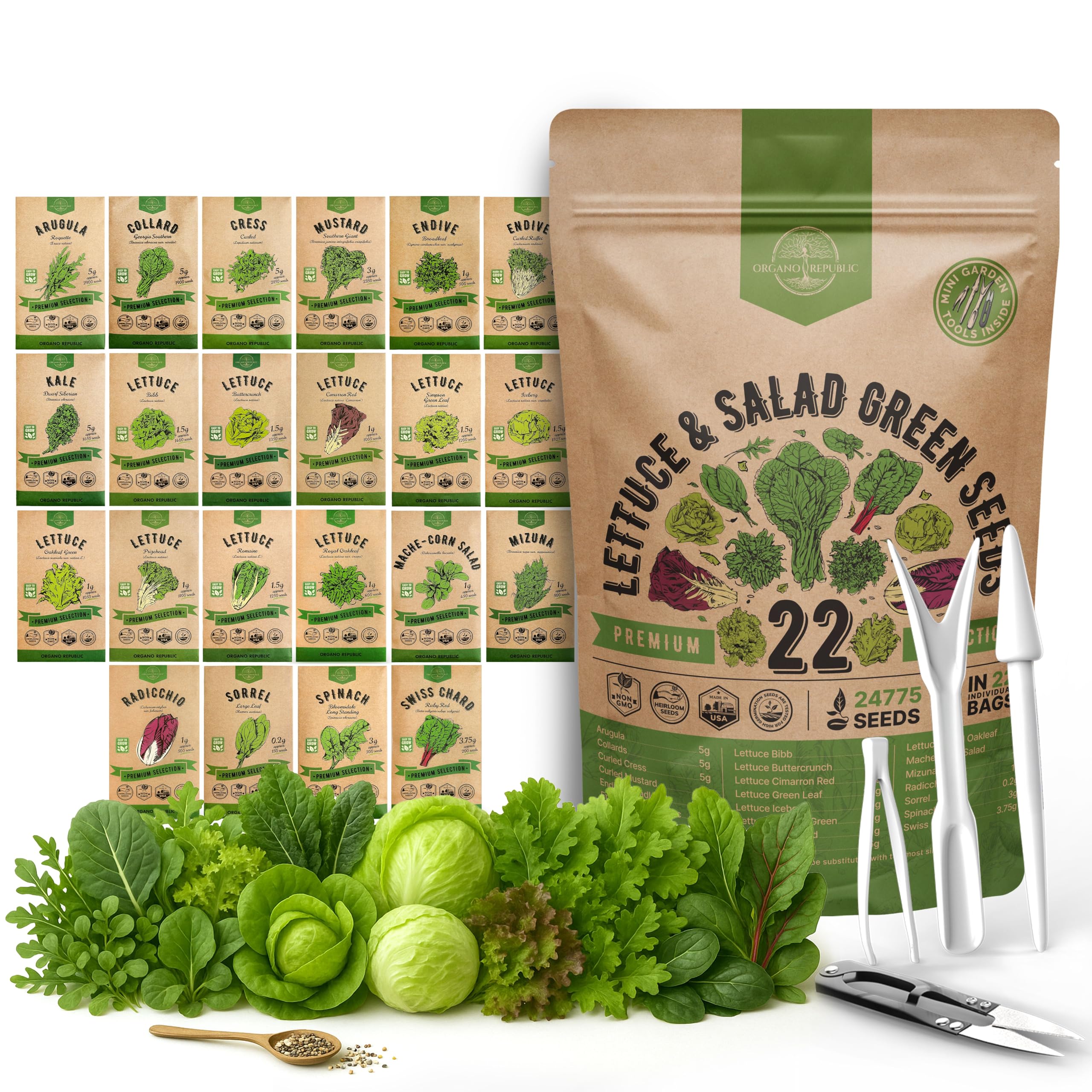 Organo Republic 22 Lettuce & Salad Greens Seeds Variety Pack 24,700+ Non-GMO Heirloom Lettuce Seeds for Indoor & Outdoor Garden, Hydroponics, Aerogarden - Arugula, Kale, Spinach, Swiss Chard, Lettuce