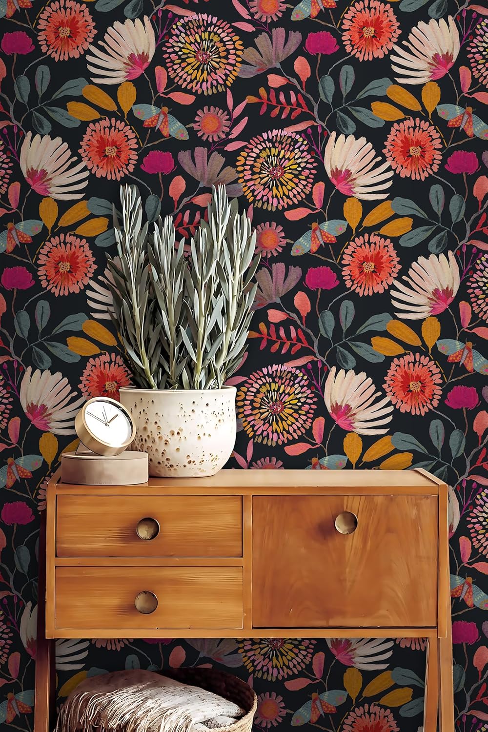 Wallpaper Peel and Stick Floral Wall Paper Removable Waterproof Navy/Pink/Orange Contact Paper for Bedroom, Bathroom, Home Wall 17.3" x 393.7"