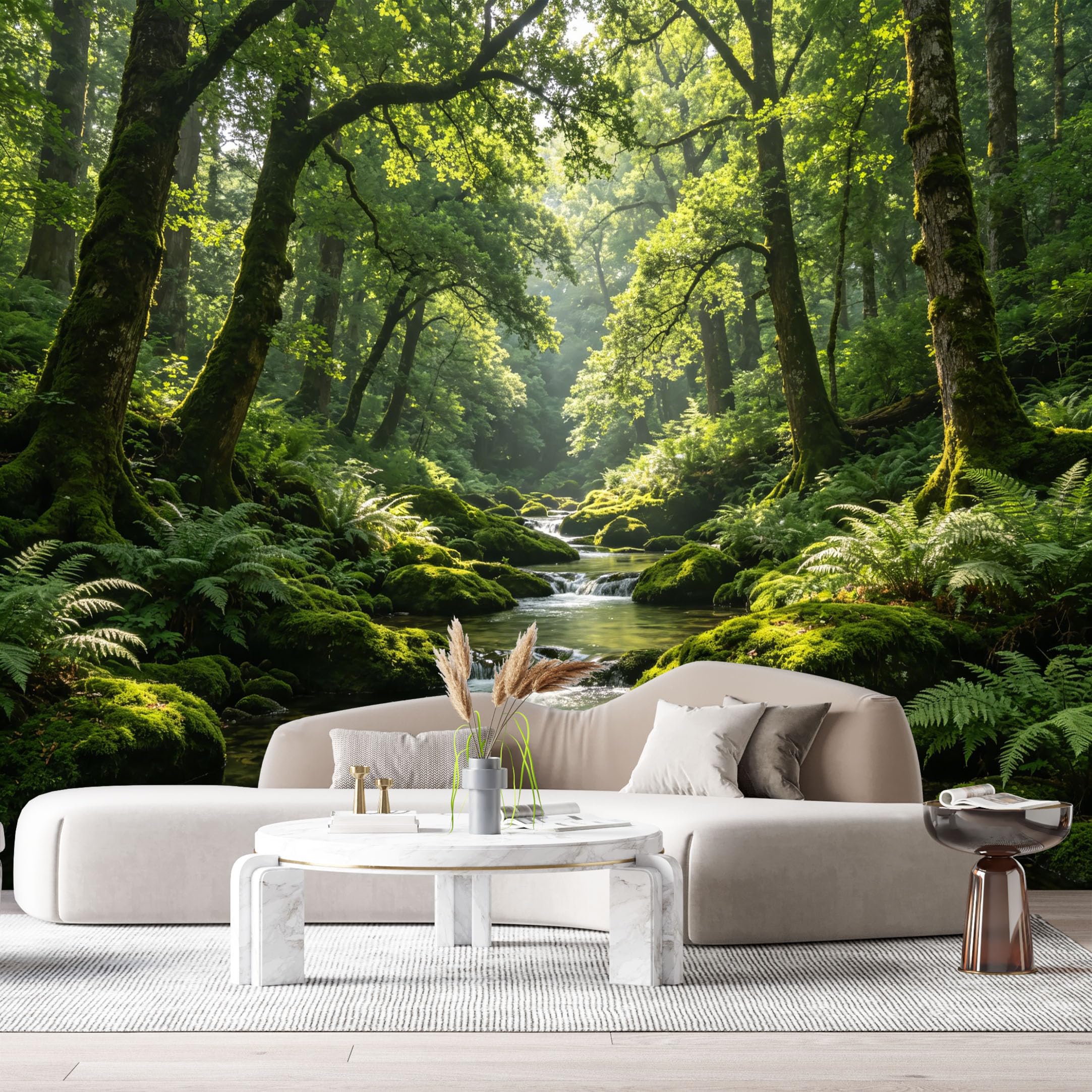 Custom Size Wall Murals Forest Stream Landscape Watercolor Green Trees Moss Rocks SelfAdhesive Wall Fabric Removable Large Wallpaper for Photo Living Room