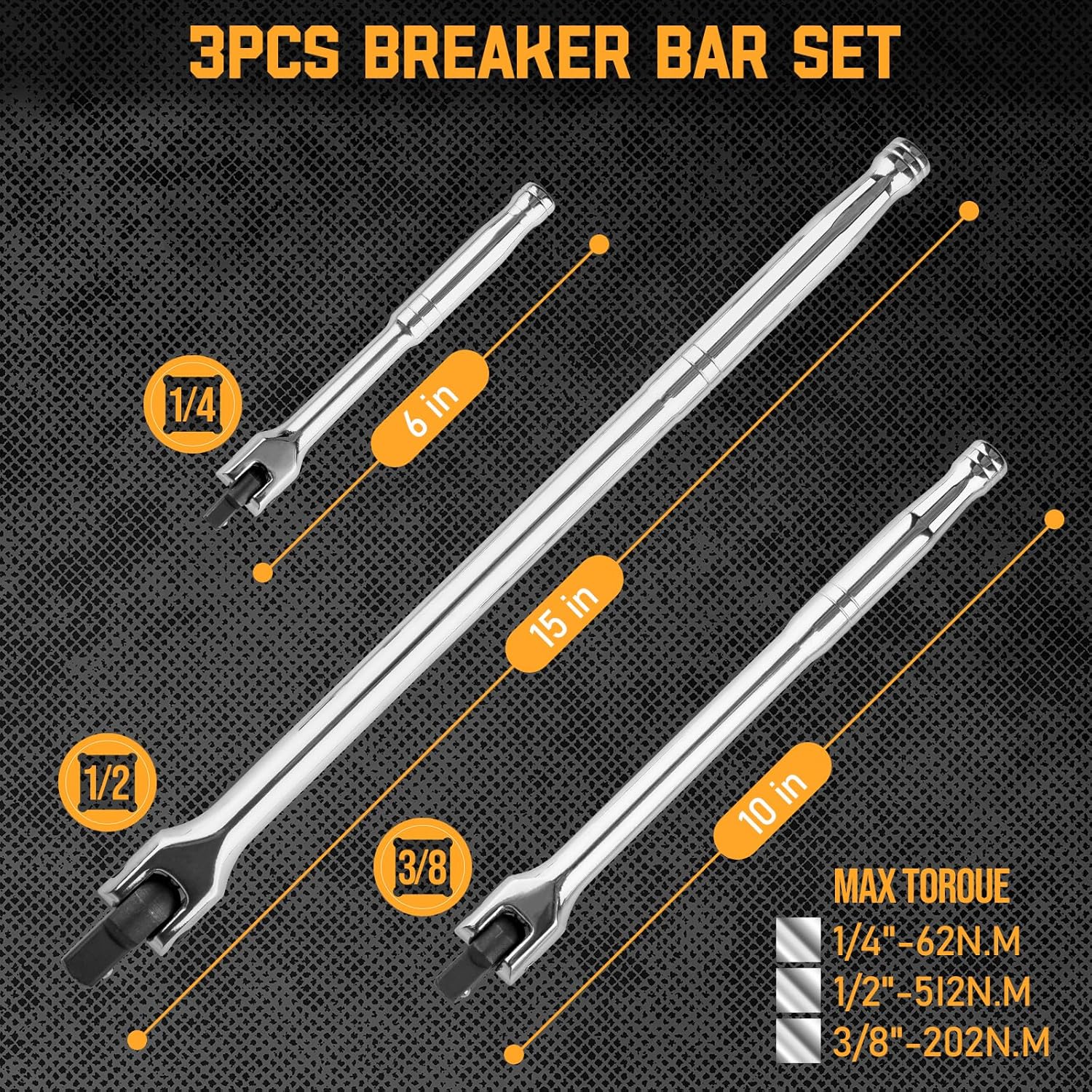 3PCS Breaker Bar Set, 3/8'', 1/4in, 1/2inch Breaker Bars with 180°Rotatable Head, Heavy Duty Breaker Bar Kit with 15 inch, 10 inch, 6 inch Length for Automobile and Motorcycle Maintenance and Repair