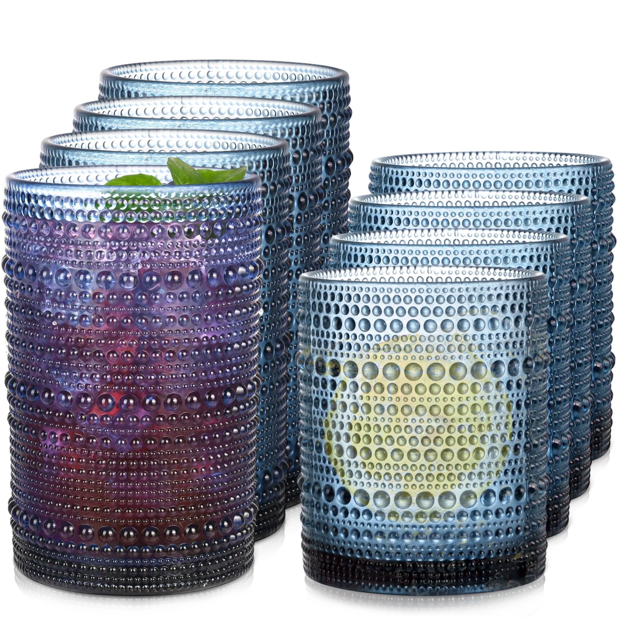 Blue Hobnail Drinking Glasses Set of 8，15 oz Vintage Highball Glassess &amp; 12 oz Cocktail Glasses，Drinkware Kitchen Glasses for Cocktail, Iced Coffee, Beer, Ice Tea, Wine, Whiskey, Water