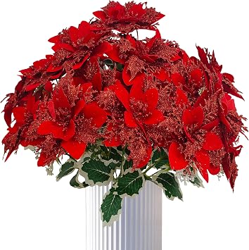 6 Pcs 17 Red Glitter Christmas Poinsettia Flowers Artificial, 5 Forks Silk Poinsettia Christmas Floral Bouquet Winter Artificial Poinsettia Bushes for Xmas Party Holiday Arrangements6, red
