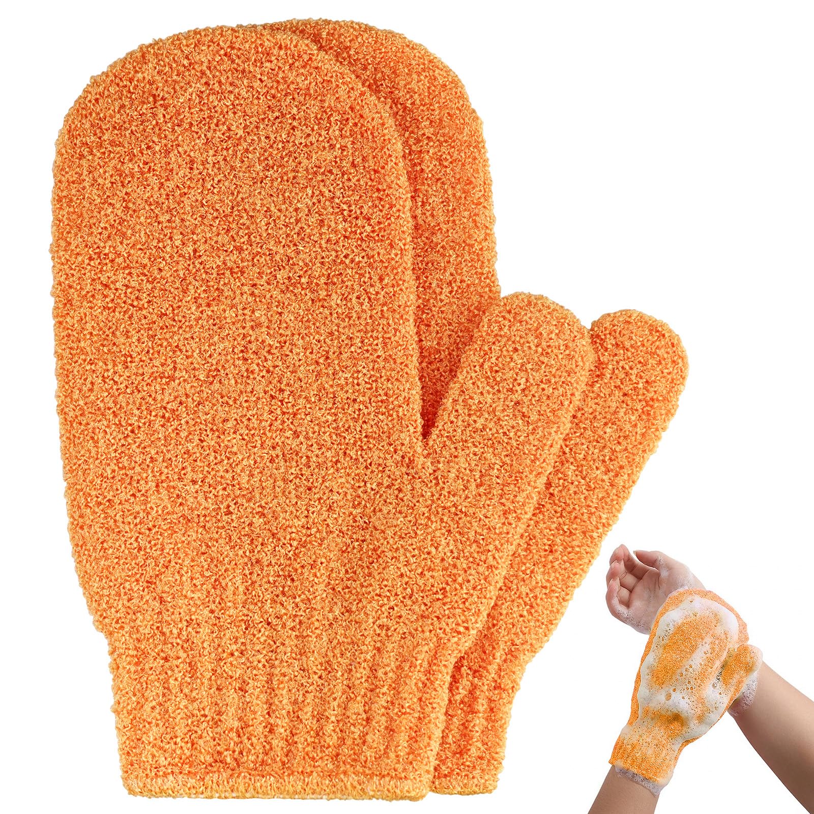 2pcs Exfoliating Gloves, Exfoliating Wash Gloves, Shower Scrub Gloves Away Ingrown Hair and Dead Skin for Shower, Spa, Massage and Dead Skin Cell Remover Loofah - Orange