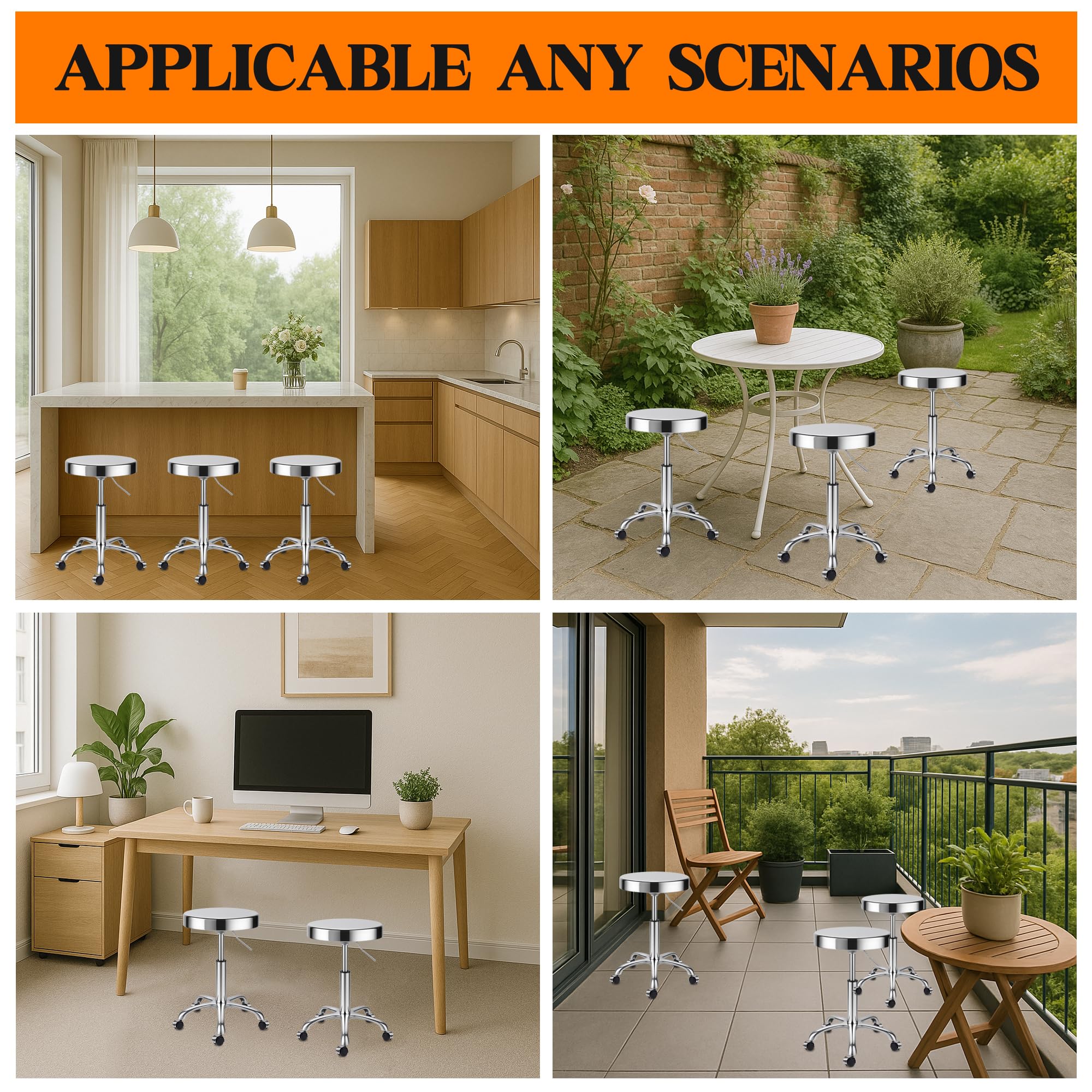 ZHAOYONGLI-End Tables Taburete de acero inoxidable resistente para banco de trabajo, taburete giratorio ajustable con 5 ruedas, estructura de acero inoxidable 304, cojín redondo, soporte de carga de