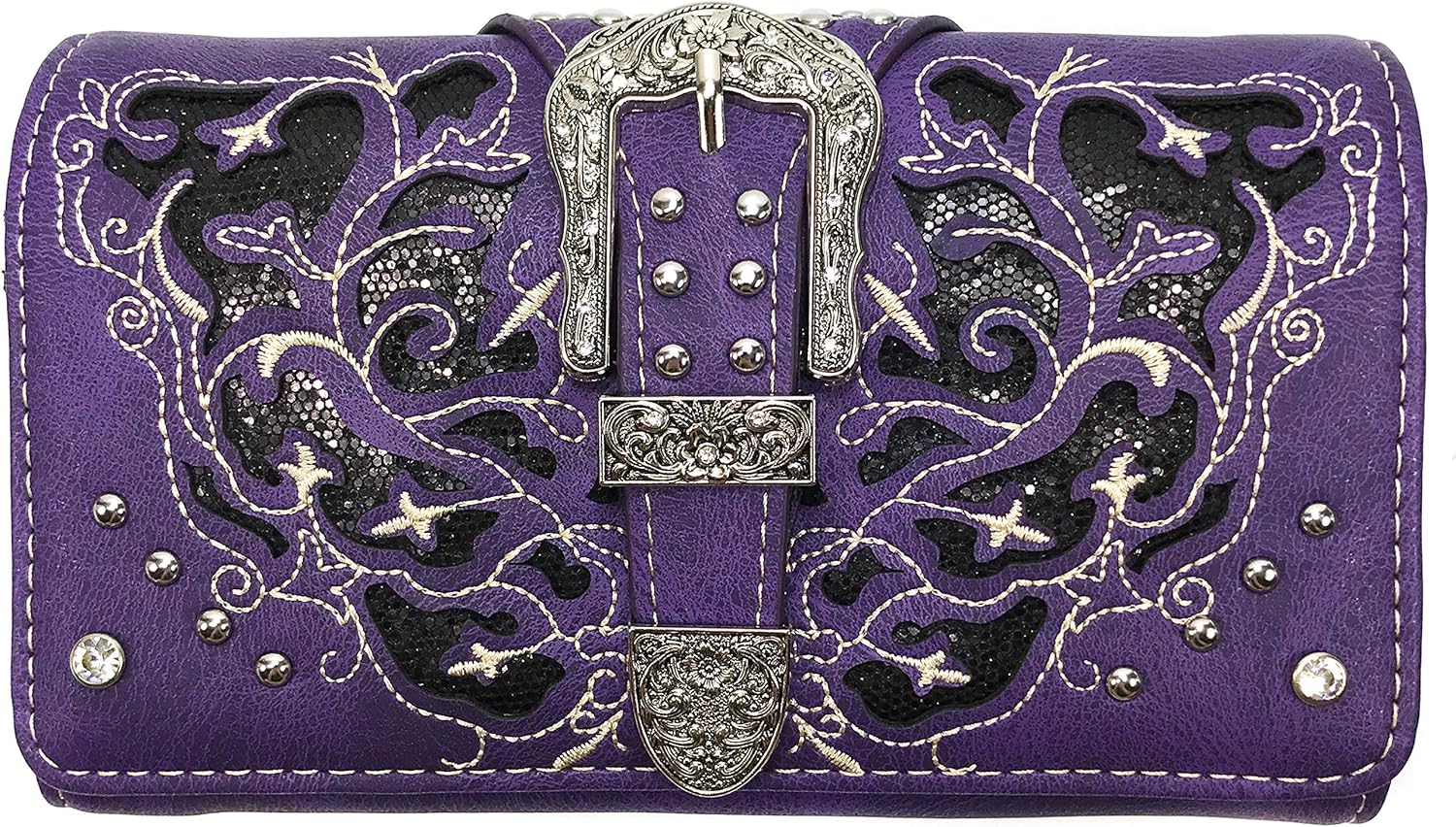 Zelris Western Gleaming Buckle Floral Cowgirl Women Crossbody Wrist Trifold Wallet (Turquoise)