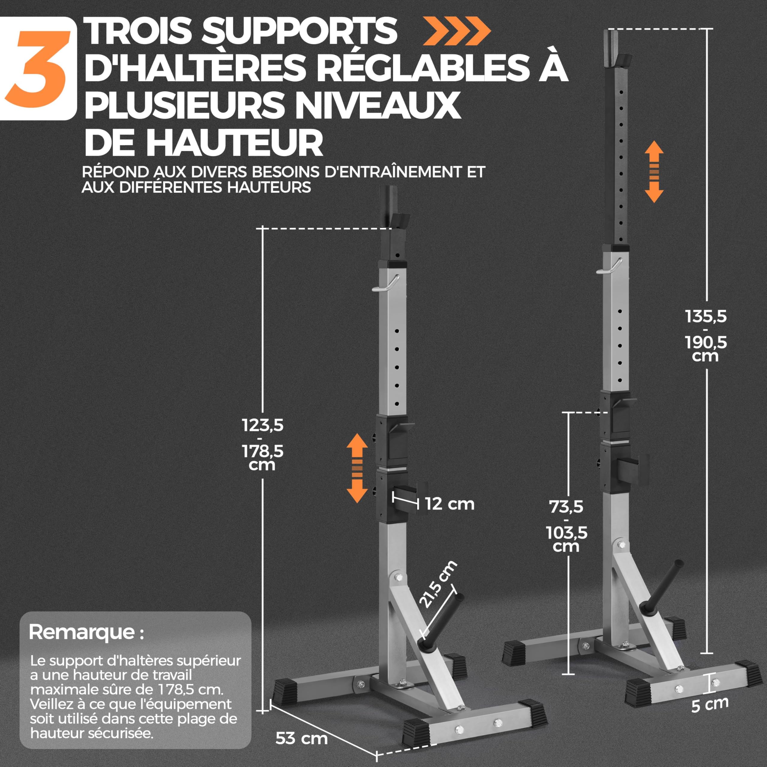 Abician Cages de Squat Support d'Haltères Repose pour Haltères Max 300 kg Haltère Réglable 14 Niveaux Rack Squat Musculation avec Barres de Support, Fitness Multifonction pour Gym, Domicile
