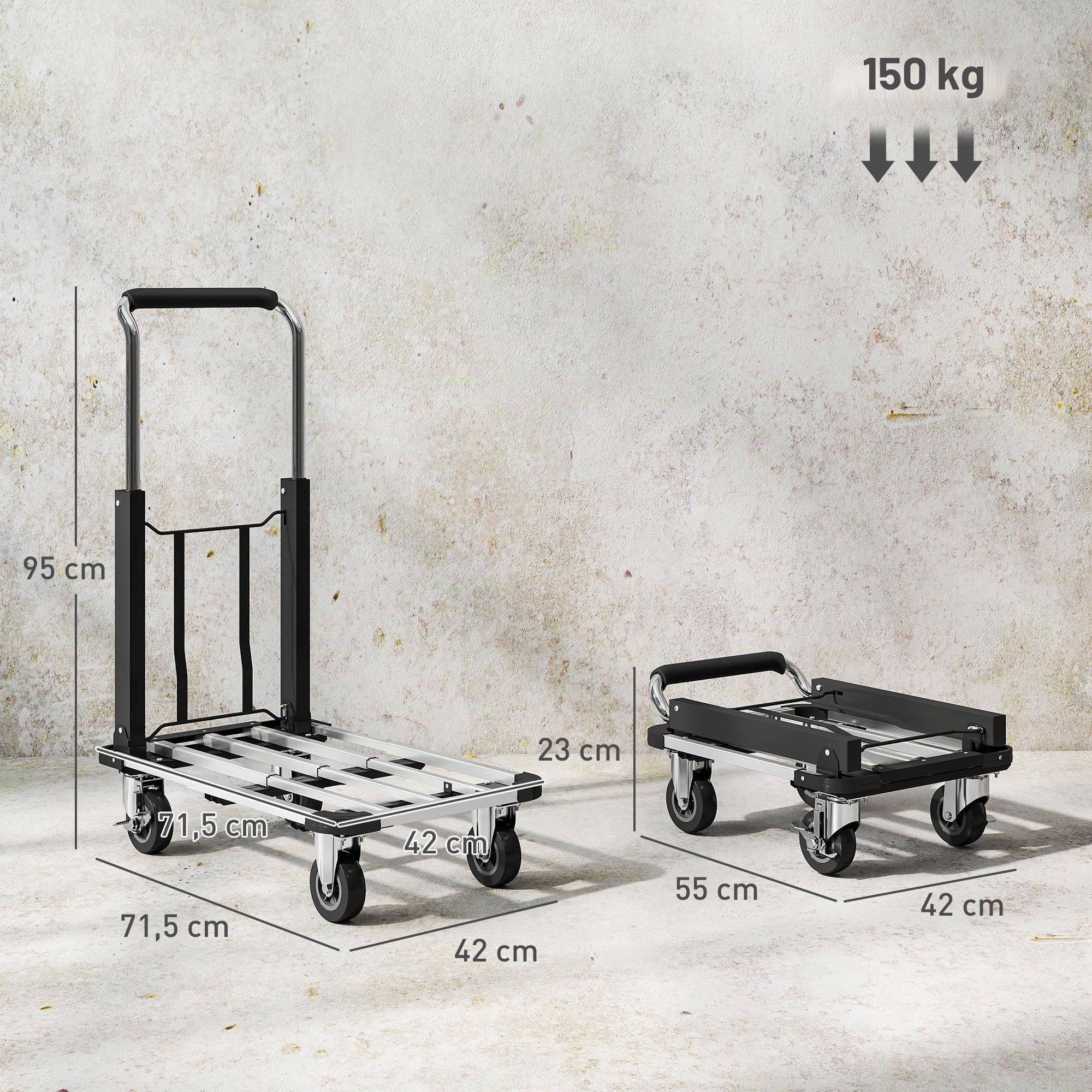 HOMCOM Chariot de transport pliable 150 kg avec frein de stationnement, plate-forme extensible et poignée réglable, aide au transport avec roulettes pivotantes, argenté