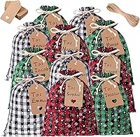 Vista 17 de Shappy 24 bolsas de Navidad con cordón, bolsas de arpillera a cuadros de Navidad, bolsas de lino con cuerda de 32.8 pies, 24 tarjetas