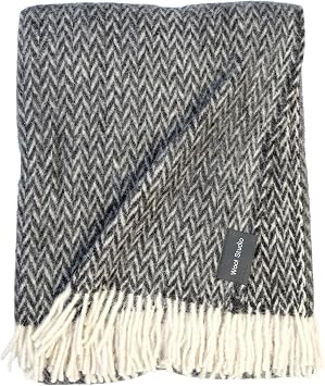 WoolStudio 130x170 cm%100 Lambswool Throw | Luxurious, Durable, Versatile Single Size Natural Wool Blanket | Perfect for Home, Travel, Outdoor Adventures! Herringbone BLACK, 130x170 cm