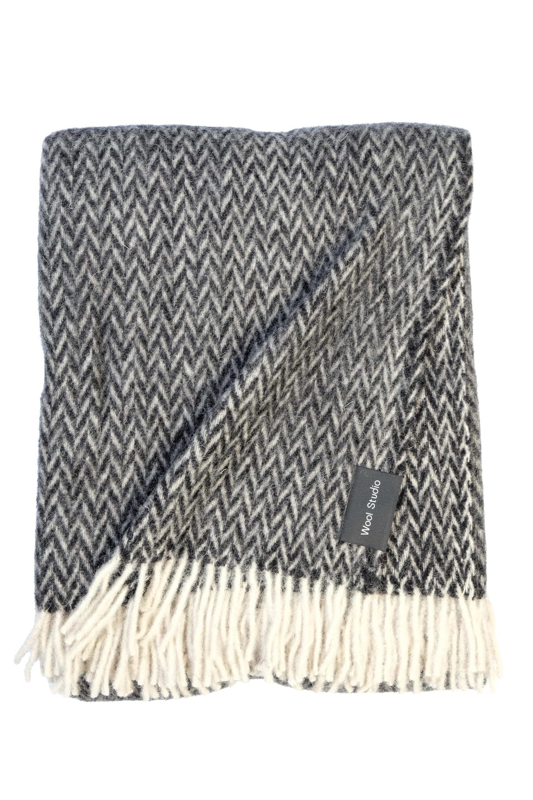 WoolStudio 130x170 cm%100 Lambswool Throw | Luxurious, Durable, & Versatile Single Size Natural Wool Blanket | Perfect for Home, Travel, & Outdoor Adventures! (Herringbone BLACK, 130x170 cm)
