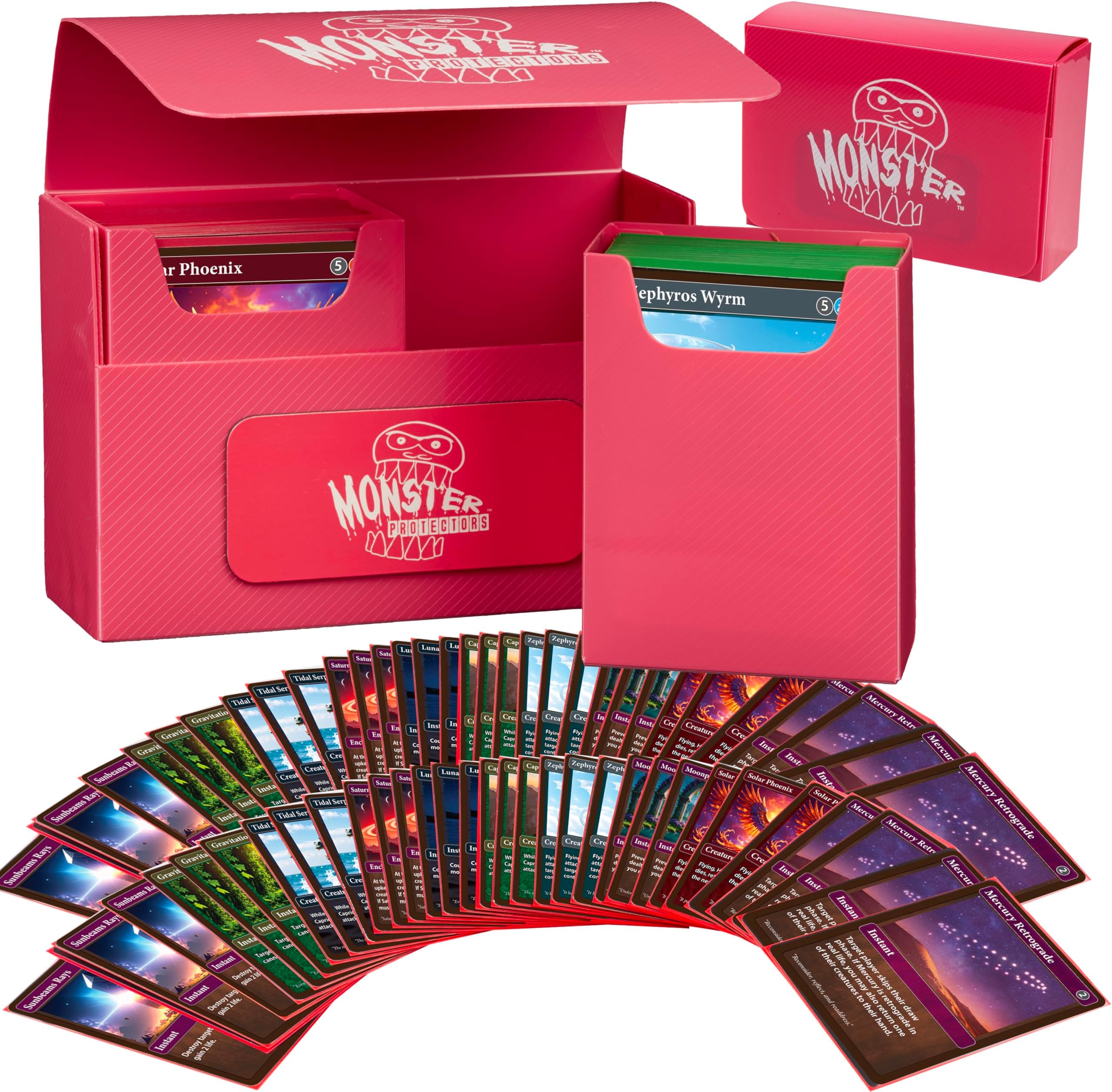 Monster Protectors Magnetic Double Deck Box- Pink, Holds 150 TCG Cards, Self-Locking Closure- Compatible with Pokรฉmon, MTG Magic: The Gathering, & Yu-Gi-Oh | Fits Standard & Small Size Trading Cards