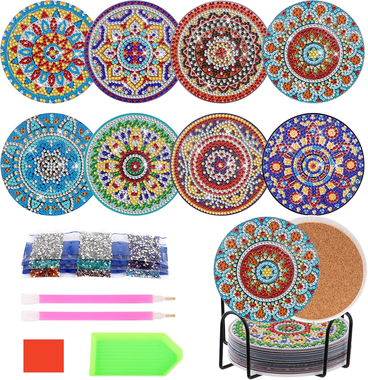 Blumen Diamond Painting Untersetzer – 8-teilig DIY Set Mit Halter, Sonnenblumen-Motiv Für Gläser, Tassen & Vasen (Weiß)