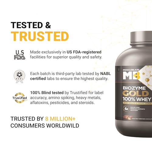 Image of MuscleBlaze Biozyme Gold 100% Whey Protein Powder (Monk Fruit Sweetened Chocolate Hazelnut, 2kg / 4.4 lbs) | 26g Protein Per Scoop | Whey Isolate as Primary Protein Source