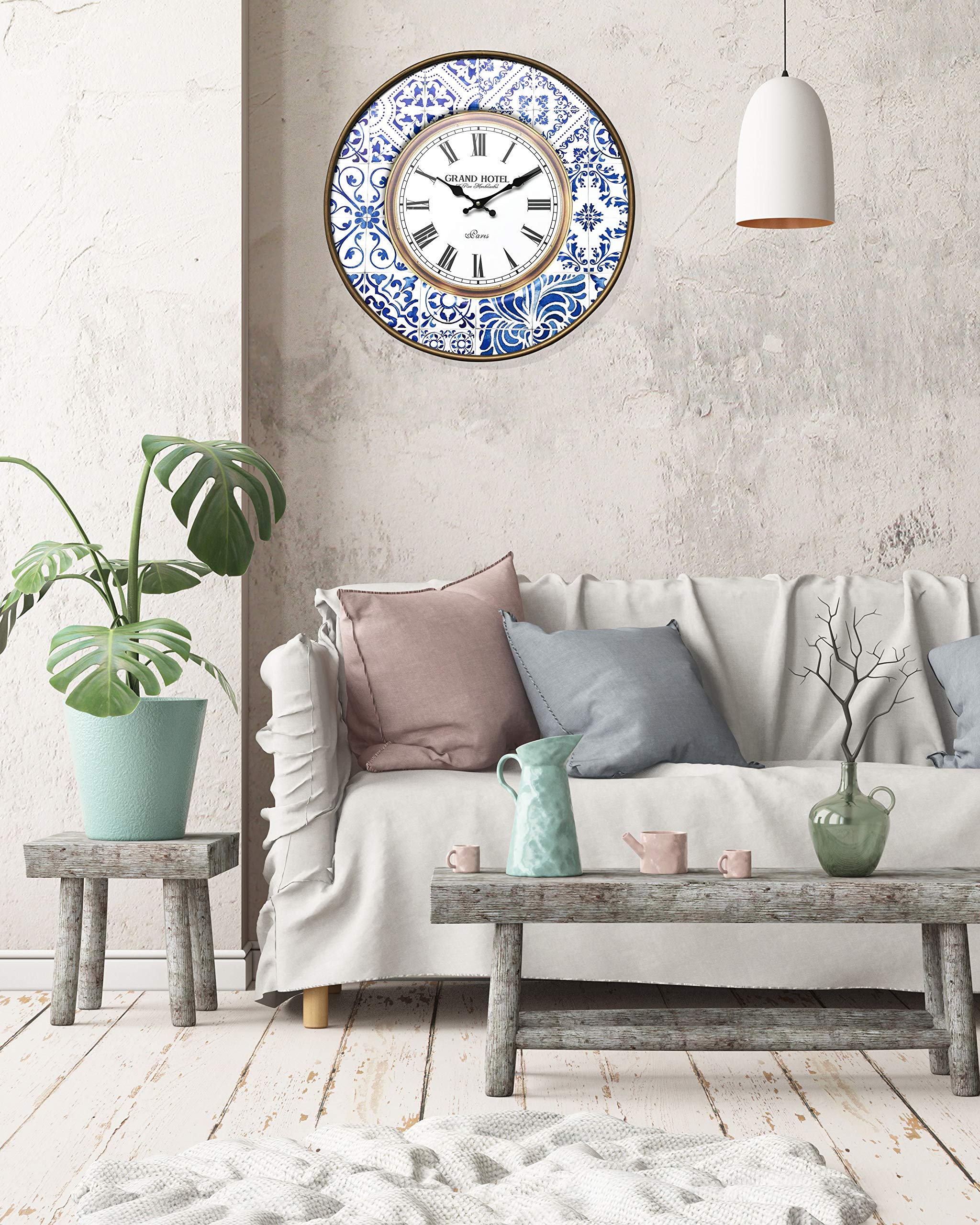 Rebecca Mobili Orologio da Appendere, Orologi da Muro Rotondo, Metallo, Bianco Marrone Blu, Stile Vintage - Diametro 50 cm x 4,5 cm - Art. RE6383