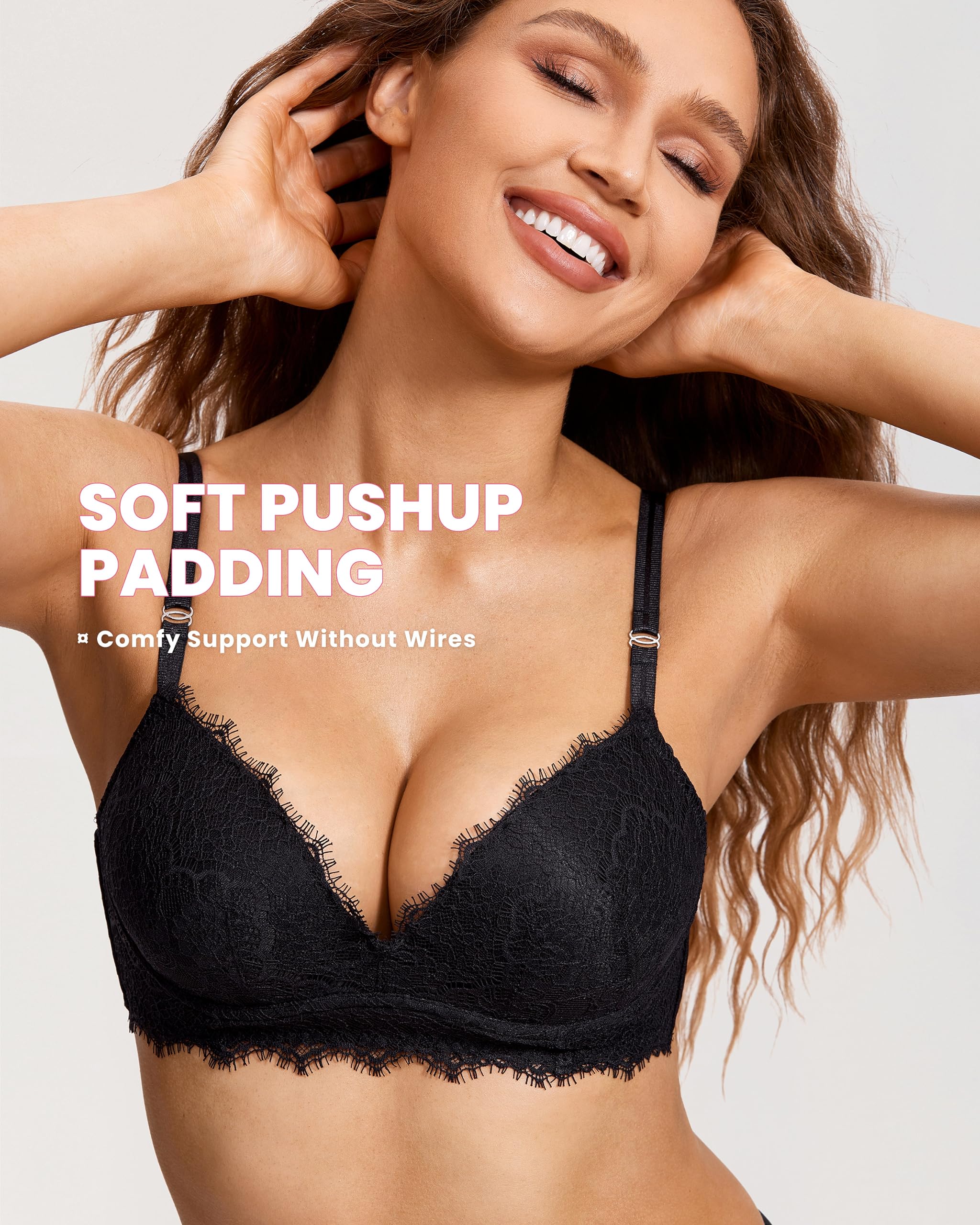 DOBREVA Donna Reggiseno Senza Ferretto Imbottito in Pizzo Push Up Coppa Preformata Scollo a V Sexy