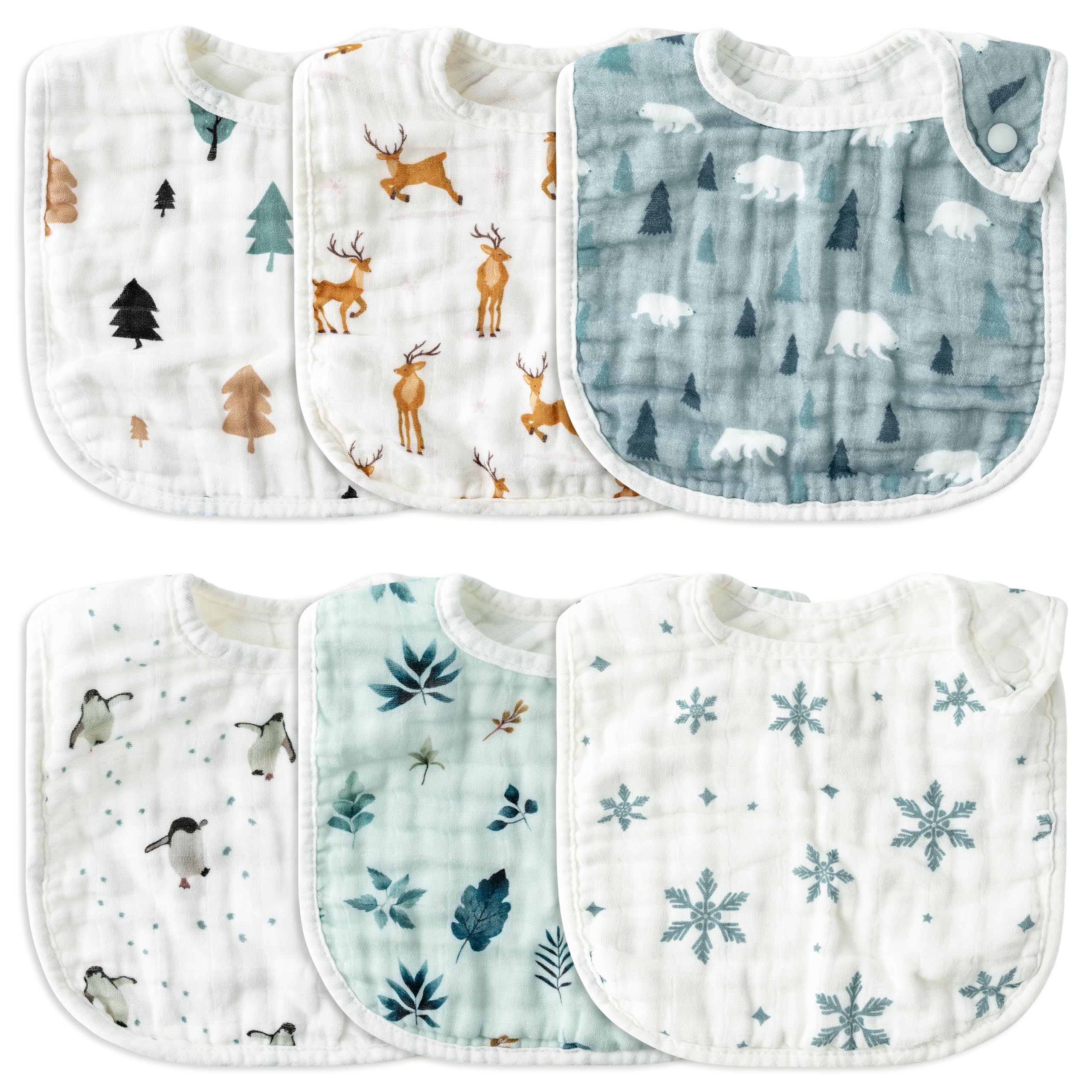 Zainpe 6Pcs Snap Muslin Cotton Baby Bibs Cute Themes Snowflake Penguin Pattern Infants Drooling Bib Adjustable Burp Cloth Soft Absorbent Feeding