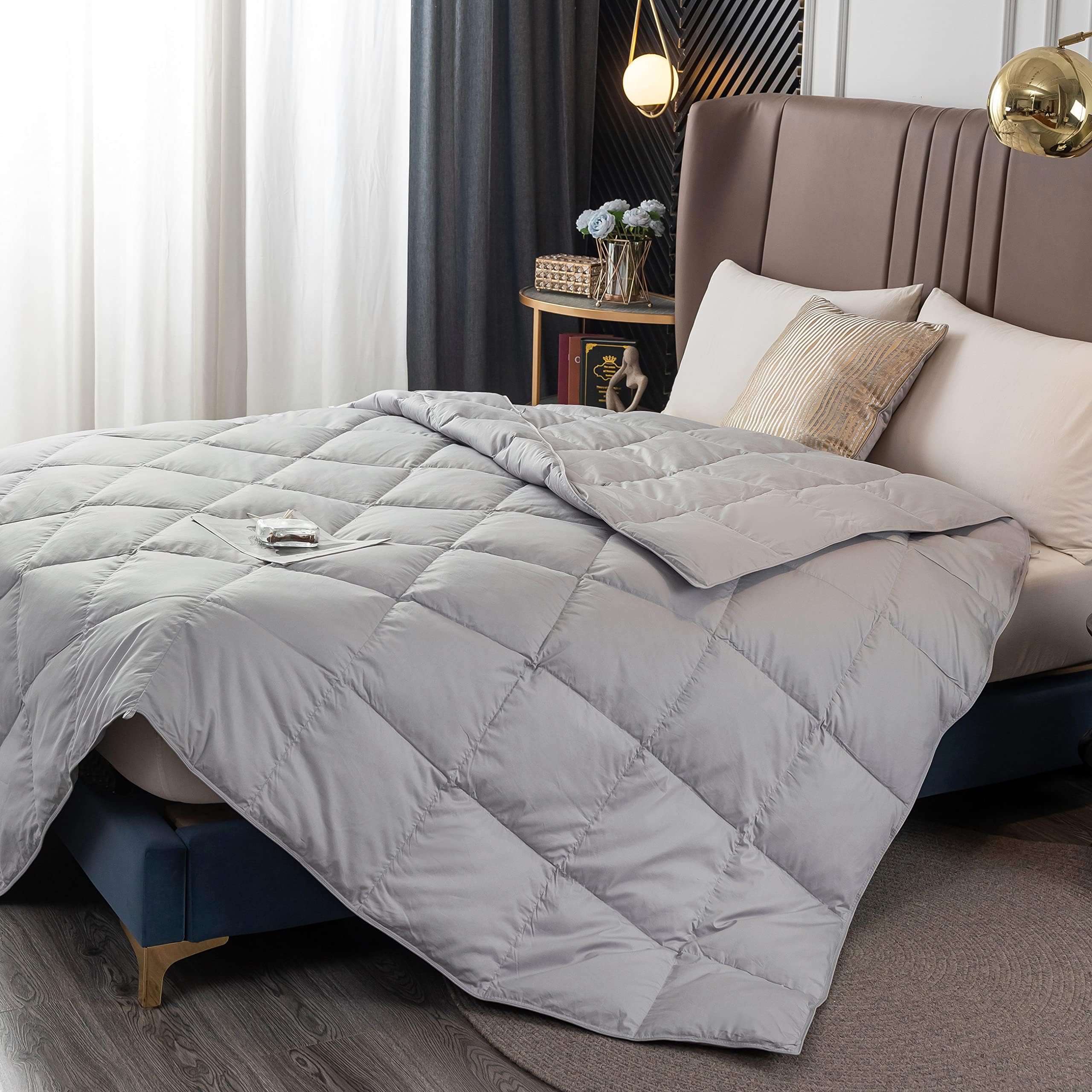 Lightweight 90% White Down Comforter/Blanket,Twin/Twin XL Size,Cooling Duvet Insert for Summer/Warm Weather,Machine Washable,Super Soft Cotton Shell Without Noise,Light Gray