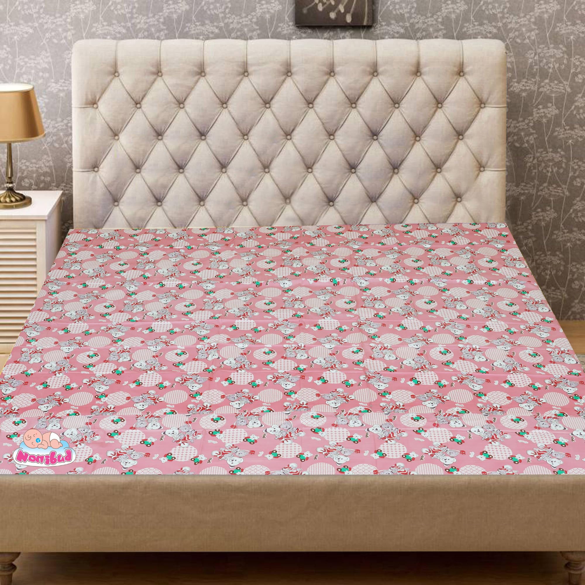 Nonibud Waterproof Plastic Mattress Protection Sheet for Baby and Adult - Double Bed/King Size - 7.5 x 6.5 feet (Peach Teddy)