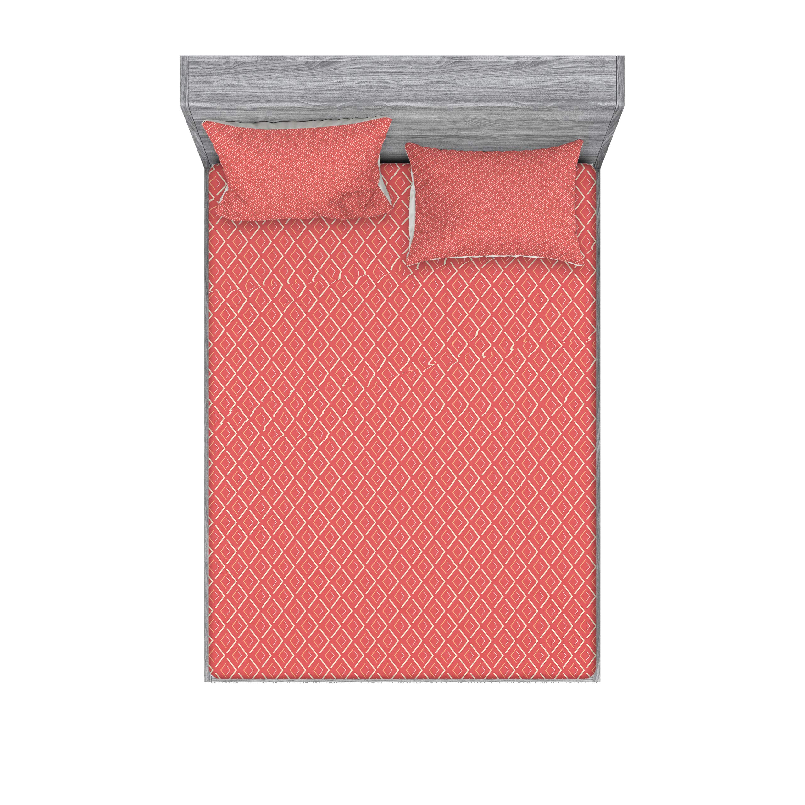 Ambesonne Geometric Fitted Sheet & Pillow Sham Set, Horizontal Diamond Line Pattern Design with Chevron Lines Tile Print, Decorative Printed 3 Piece Bedding Decor Set, Queen, Coral Cream Salmon