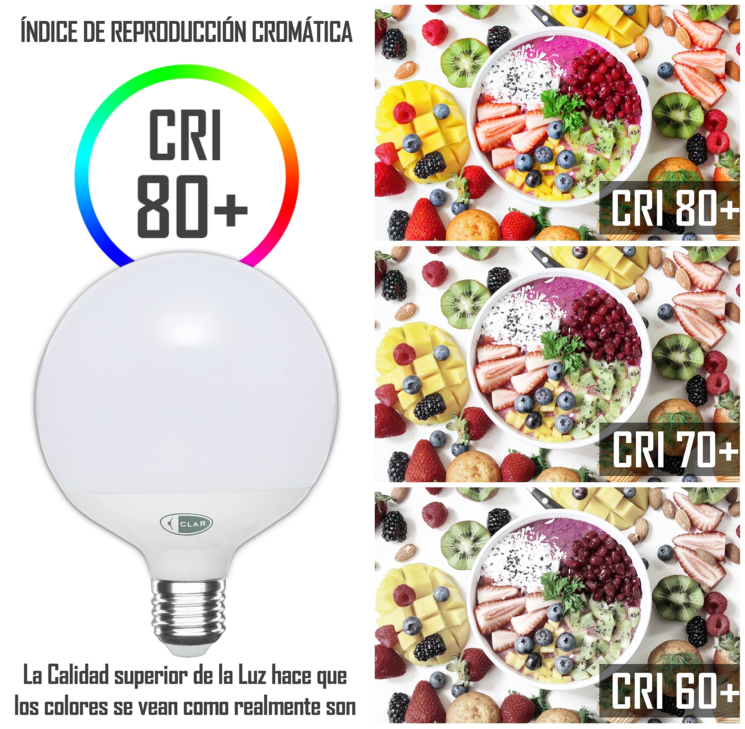 CLAR - Bombilla Globo E27, Bombilla Grande Globo, Diámetro 95 mm (G95), Bombilla No Regulable, Luz Calida 3000ºk (Pack 3)
