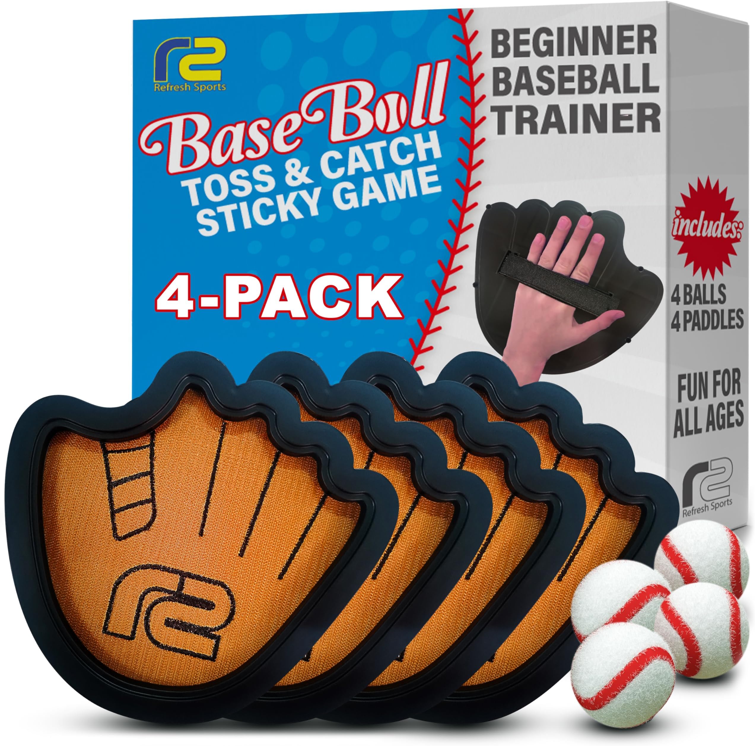 Toss and Catch Ball Game Set - Easy to Use Sticky Balls & Beginner Baseball Training Glove - Premium Toy Paddle Fits All Hand Sizes From Toddlers to Teens & Adults - Fun Gift Idea for Boys and Girls