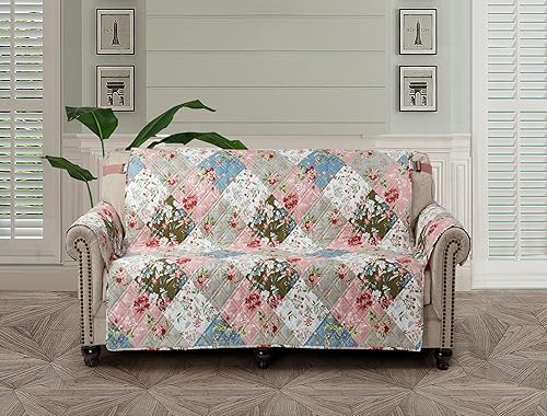 Miniatura 15 de Brilliant Sunshine Funda para Sofá de Retazos con Flores de Durazno y Olivo, Funda Acolchada para Sofá Grande, Ancho de Asiento de 70", Protector de