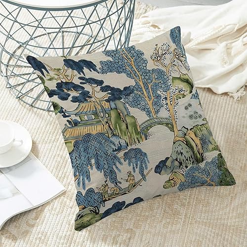 Miniatura 5 de Fundas de cojín decorativas de lino chinoiserie azul y verde de 45 x 45 cm, set de 2, con diseño de hojas de árbol y puente asiático, modernas, para