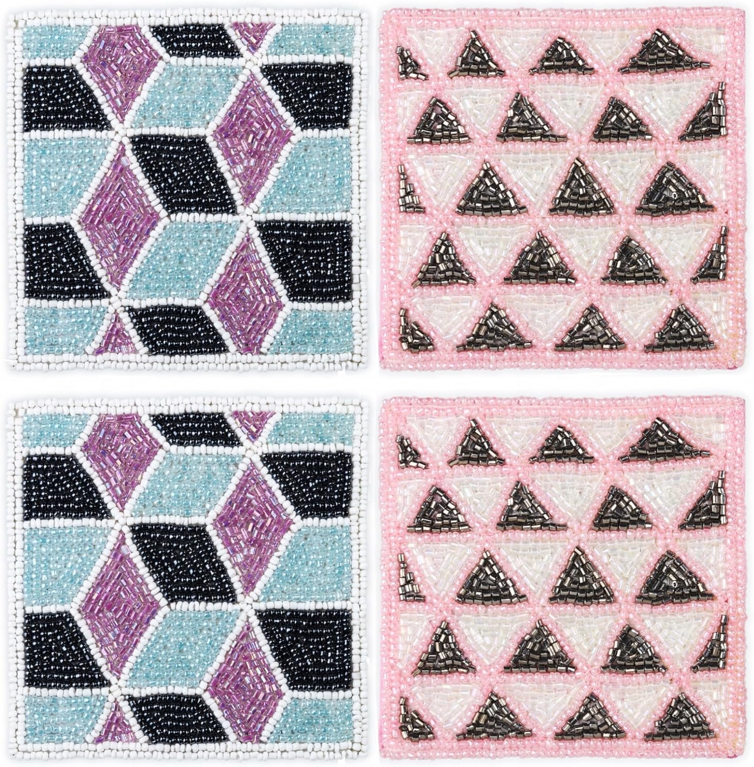 Set of 4pcs Beaded Drink Coaster 4" Round Bar Coasters for Dining Table Wedding Decoration Party Decor (Geometry)