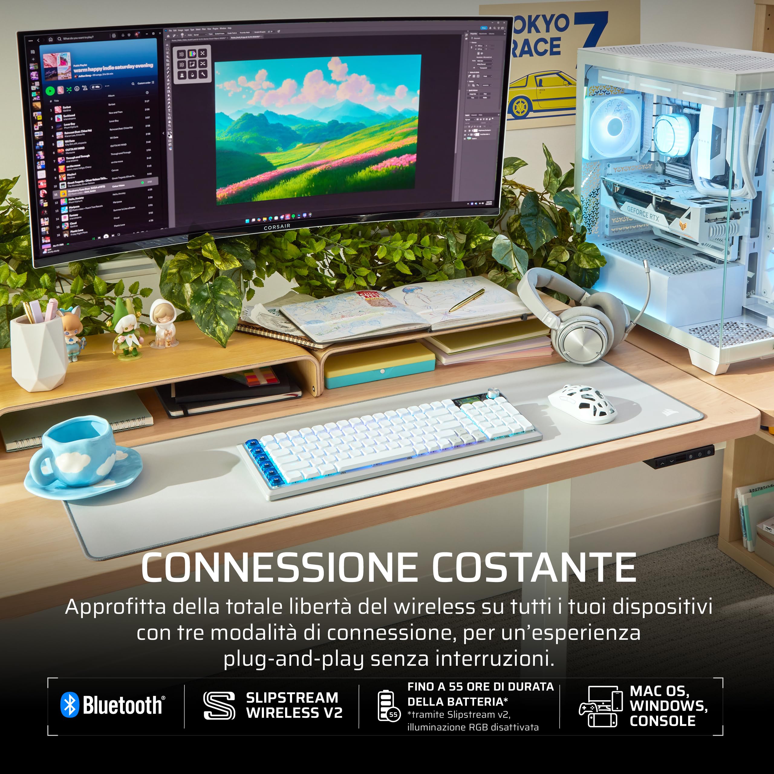 Corsair VANGUARD AIR 99 WIRELESS Tastiera Da Gioco a Basso Profilo – Bianco | Ottico-Meccanica RGB, QWERTY IT, Layout al 99%, Interruttori OPX, Polling 8000 Hz, Integrazione Stream Deck, Flashtap SOCD