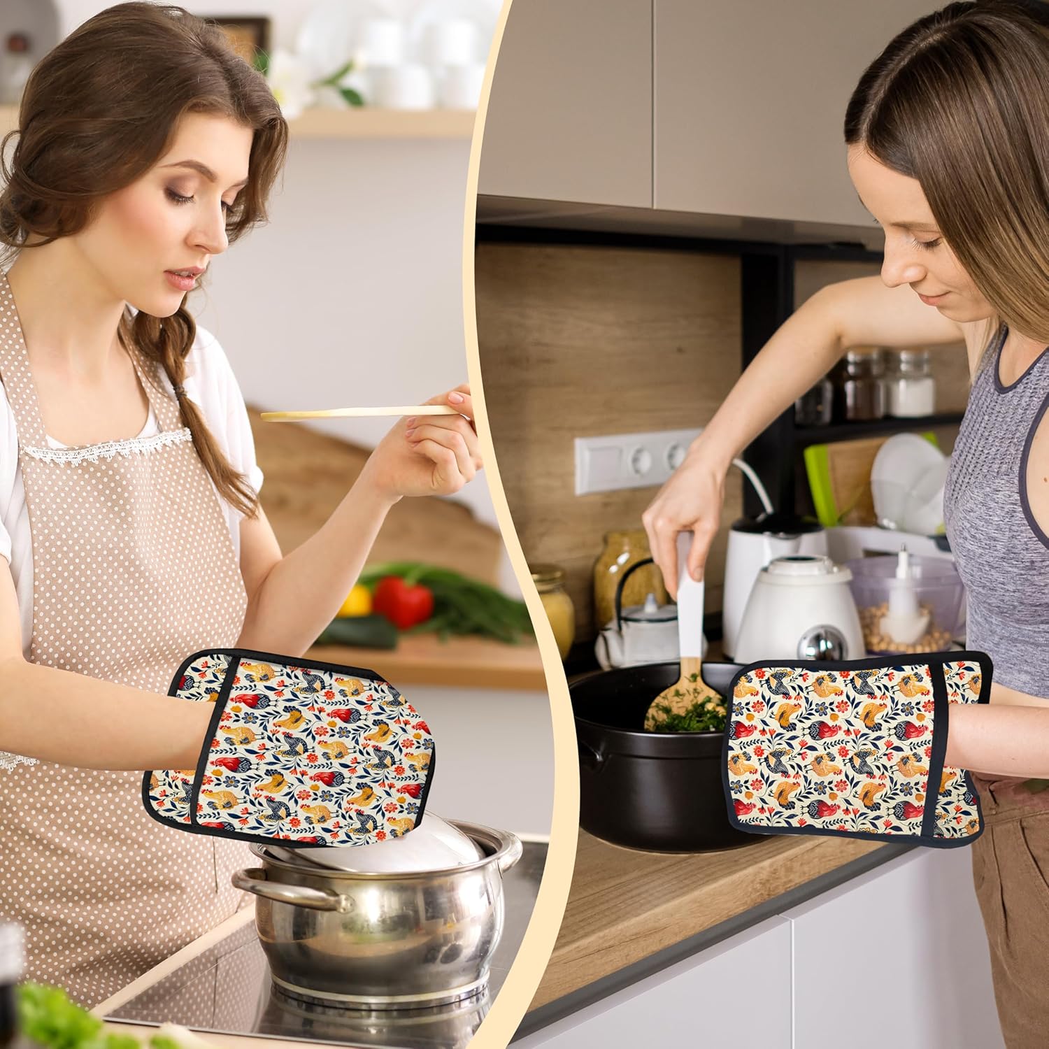 Boho Floral Chicken Pot Holders 2 Pack Set, Chicken Lover Mom Lady Gifts, Rustic Farmhouse Rooster Hen Heat Resistant Oven Hot Pads for Kitchen Cooking BBQ Countertop Baking，081 Potholder - Image 5