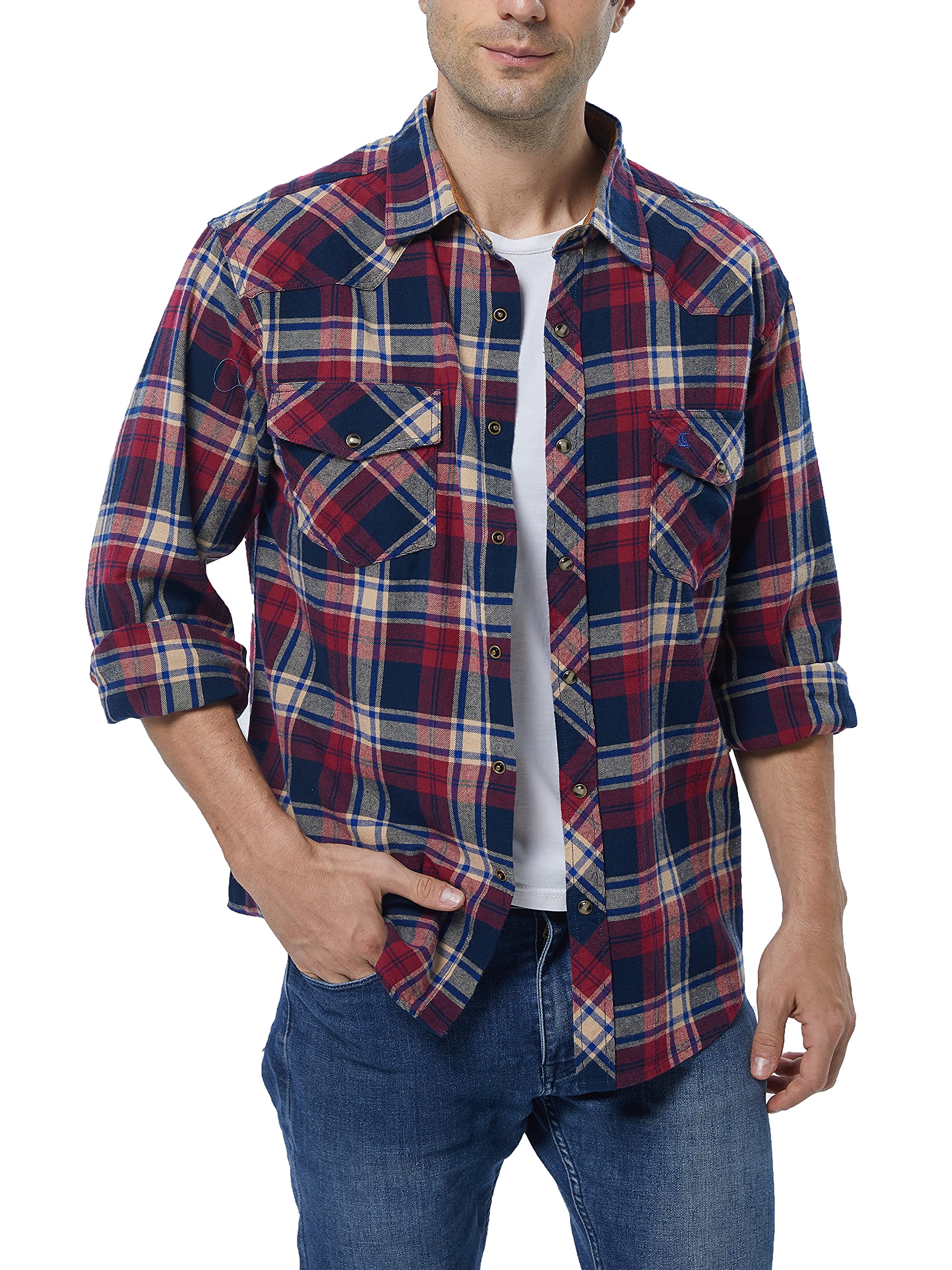 COEVALS CLUB Chemise de travail décontractée en flanelle pour homme, Kaki/bleu/pourpre #7, Taille L