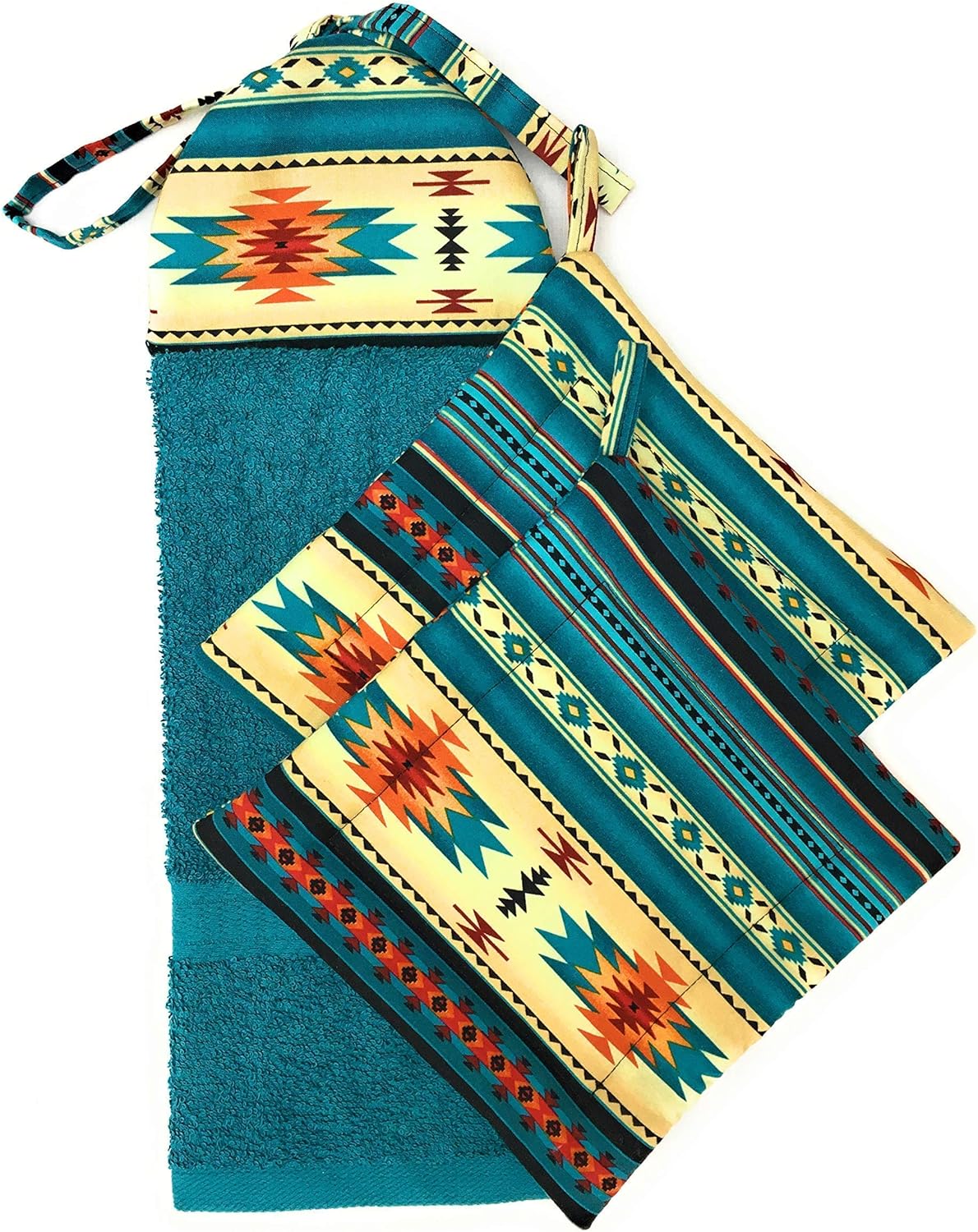 Southwest Black Teal Orange Cream Ties On Stays Put Kitchen Bathroom Hanging Loop Hand Dish Towel and Set of 2 Square Hot Pad Pot Plate Holders Trivets Hostess Housewarming Gift She Who Sews