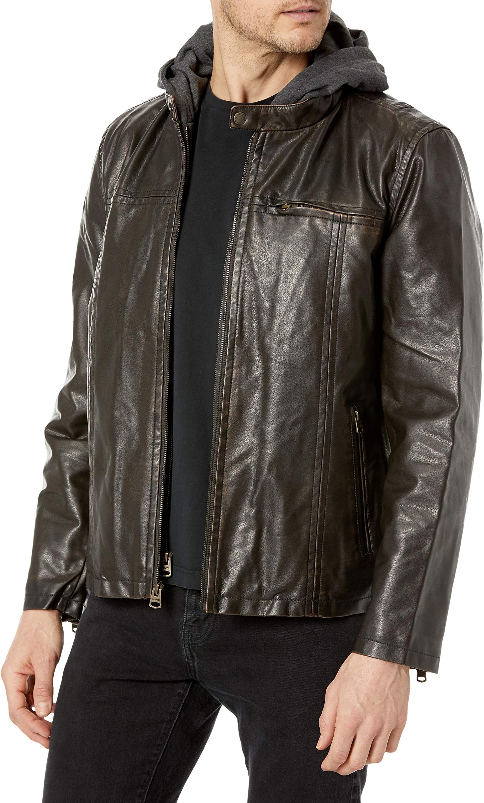 Levi's mens Faux Leather Hooded Racer Jacket (Regular and Big and Tall Sizes)